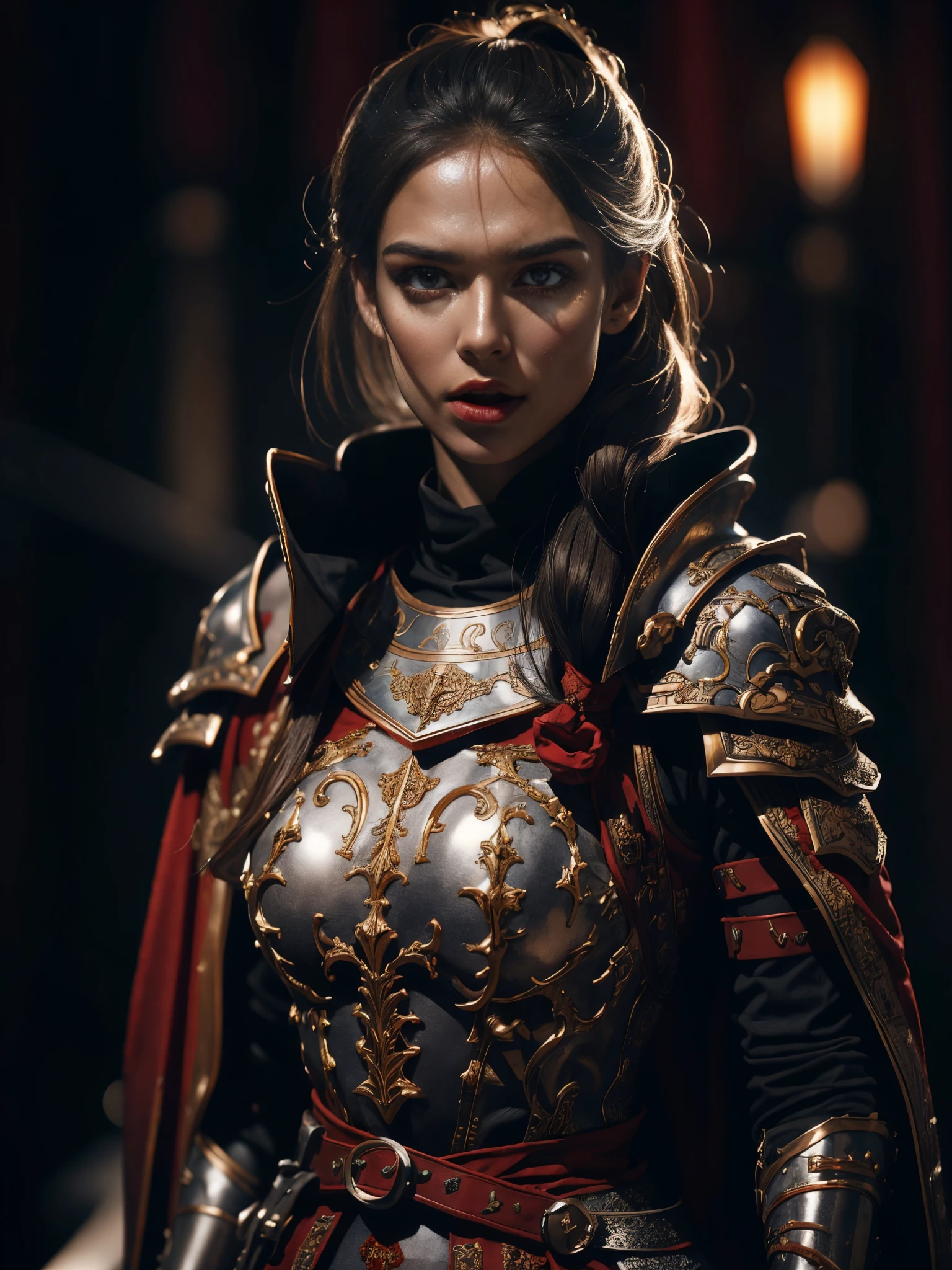 1girl, solo, female roman warrior with red helmet and cape, long black hair, angry, extremely beautiful girl, subtle makeup, silver hour, photorealistic, high contrast, 8k HD, detailed, hyper-detailed, realistic skin texture, blonde hair, huge chest, neckline, best quality, ultra high res, raw photo, dramatic lighting, unreal engine, intricate diffuse glow and silver tab, black cape, battlefield,  Standing