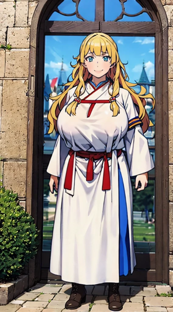 galko,1girl, solo, smile, full body, standing, long skirt, priestess, religious, holy, cute, blush, ,tall female, medieval clothing, white veil, tunic, long skirt,boots, huge brest, curvy,sexy, sensual, volouptouse, thicc, jade green eyes