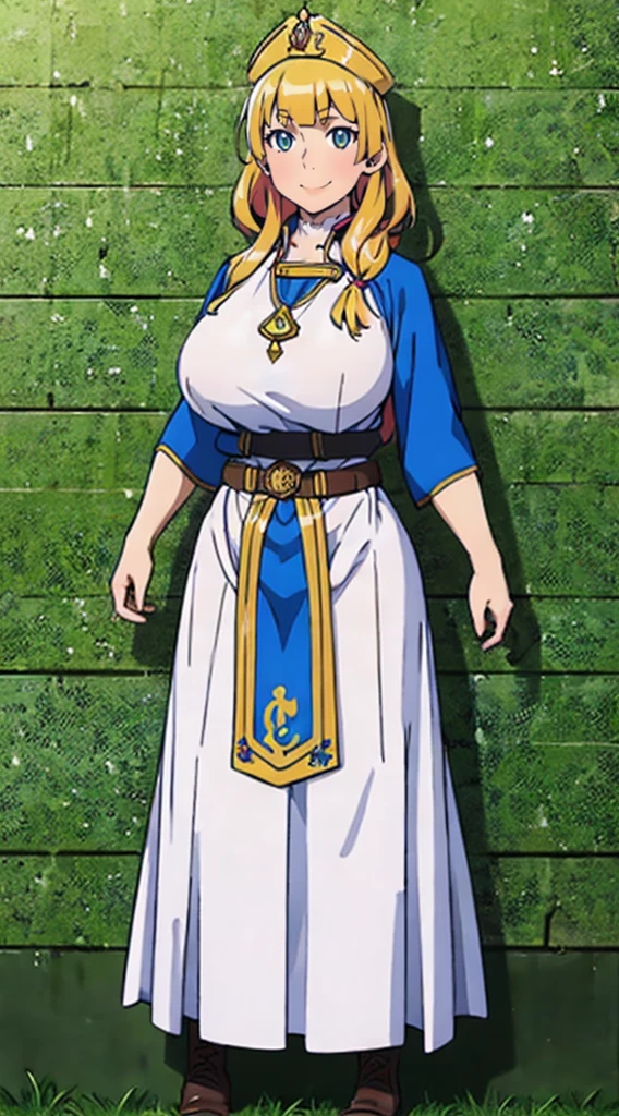 galko,1girl, solo, smile, full body, standing, long skirt, priestess, religious, holy, cute, blush, ,tall female, medieval clothing, white veil, tunic, long skirt,boots, huge brest, curvy,sexy, sensual, volouptouse, thicc, jade green eyes