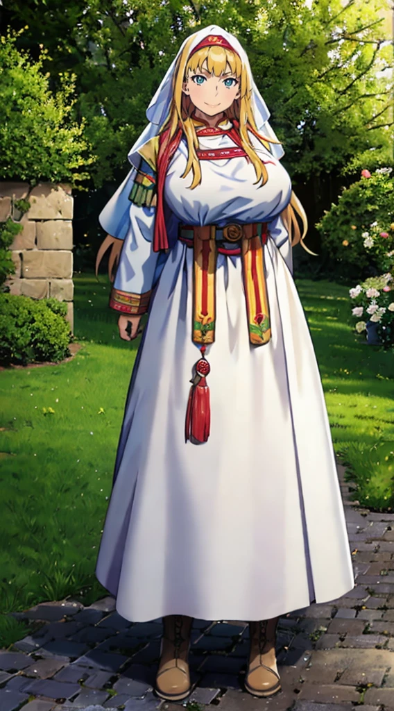 galko,1girl, solo, smile, full body, standing, long skirt, priestess, religious, holy, cute, blush, ,tall female, medieval clothing, white veil, tunic, long skirt,boots, huge brest, curvy,sexy, sensual, volouptouse, thicc, jade green eyes