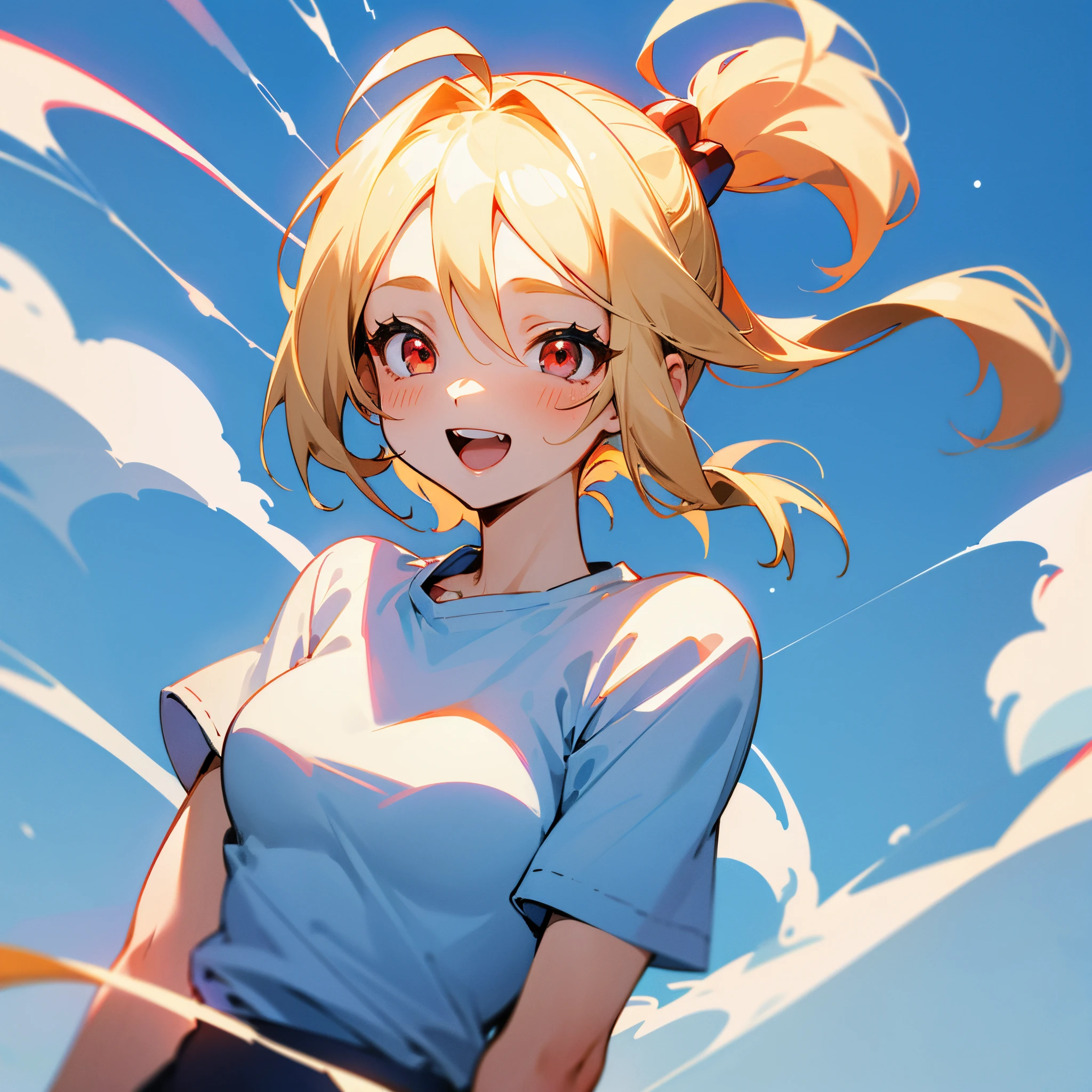 1girl in, Blonde ponytail、Ahoge、big round red eyes、small tits, Sky blue solid color background, Pure blue background, Dark blue background, White T-shirt, happily laughing, bustshot
