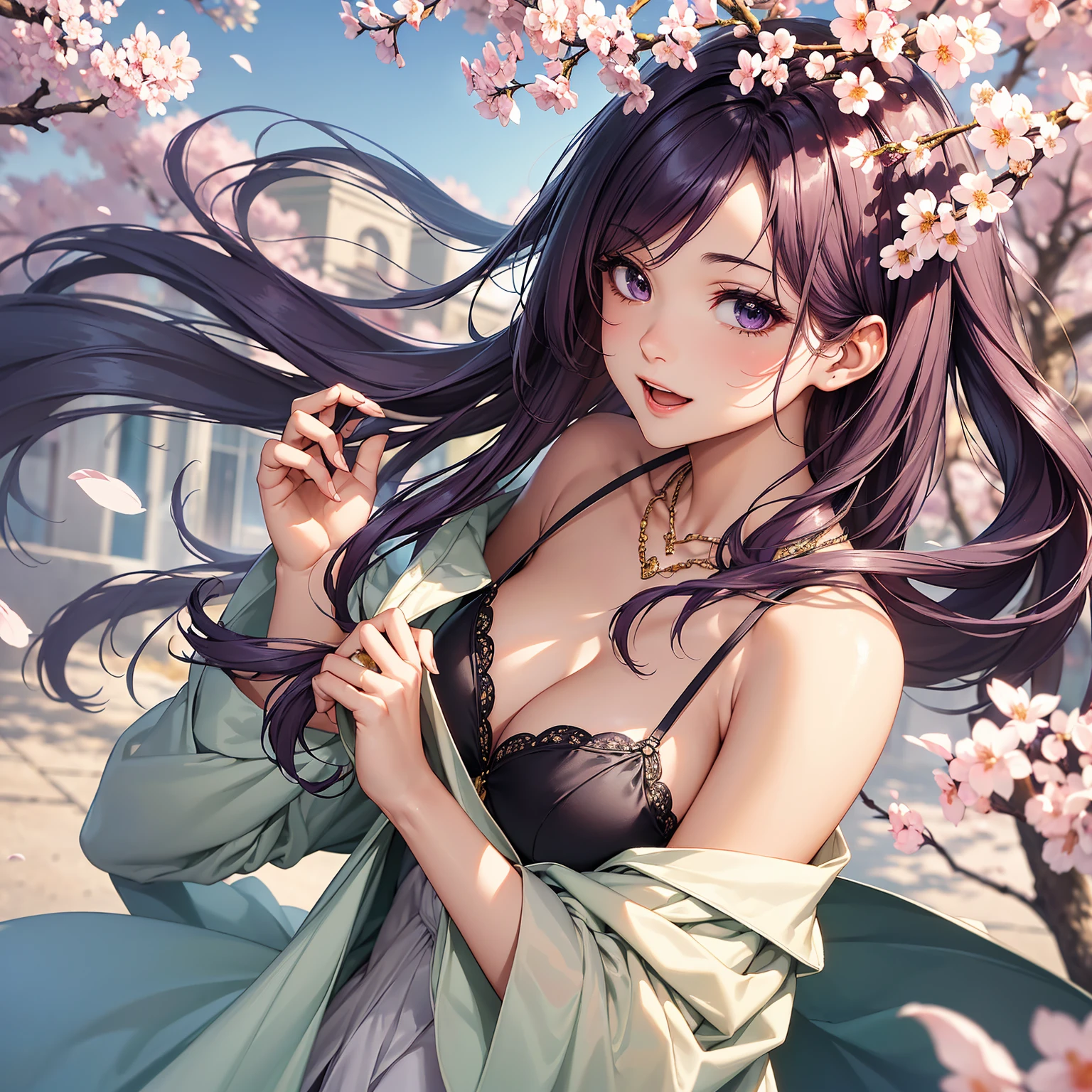 (top-quality、masterpiece、very high res、An ultra-high picture quality、High quality pixels)、(She is a mysterious and bewitching woman, And she is 18 years old,1 person,Single,独奏:1.5)、(She is a very beautiful woman with a beautiful face)、(Beautiful face written in detail,Beautiful body,Strong-willed eyes,Purple eyes,beautiful colored hair,Beautiful skin texture)、(Beautiful hair quality,Variety of hairstyles)、(She has a slender figure and her breasts are D cups)、(Bewitching look,Lovely smile,Smile, Open mouth,),(Sleeveless knitwear,a miniskirt,1 necklace,shoulders are exposed),(A path lined with flourishing cherry blossom trees,The cherry tree),(model poses,modelshoot,Magazine shooting,Hair flutters under the influence of the wind),The wind is blowing、Beautiful Art Style, an animated character、(The whole picture、Detailed picture、accurate anatomy、Defect-free images、extremely detailed picture、Accurate images、Perfect Image 1.5)、(Best Shot Photo 1.2)