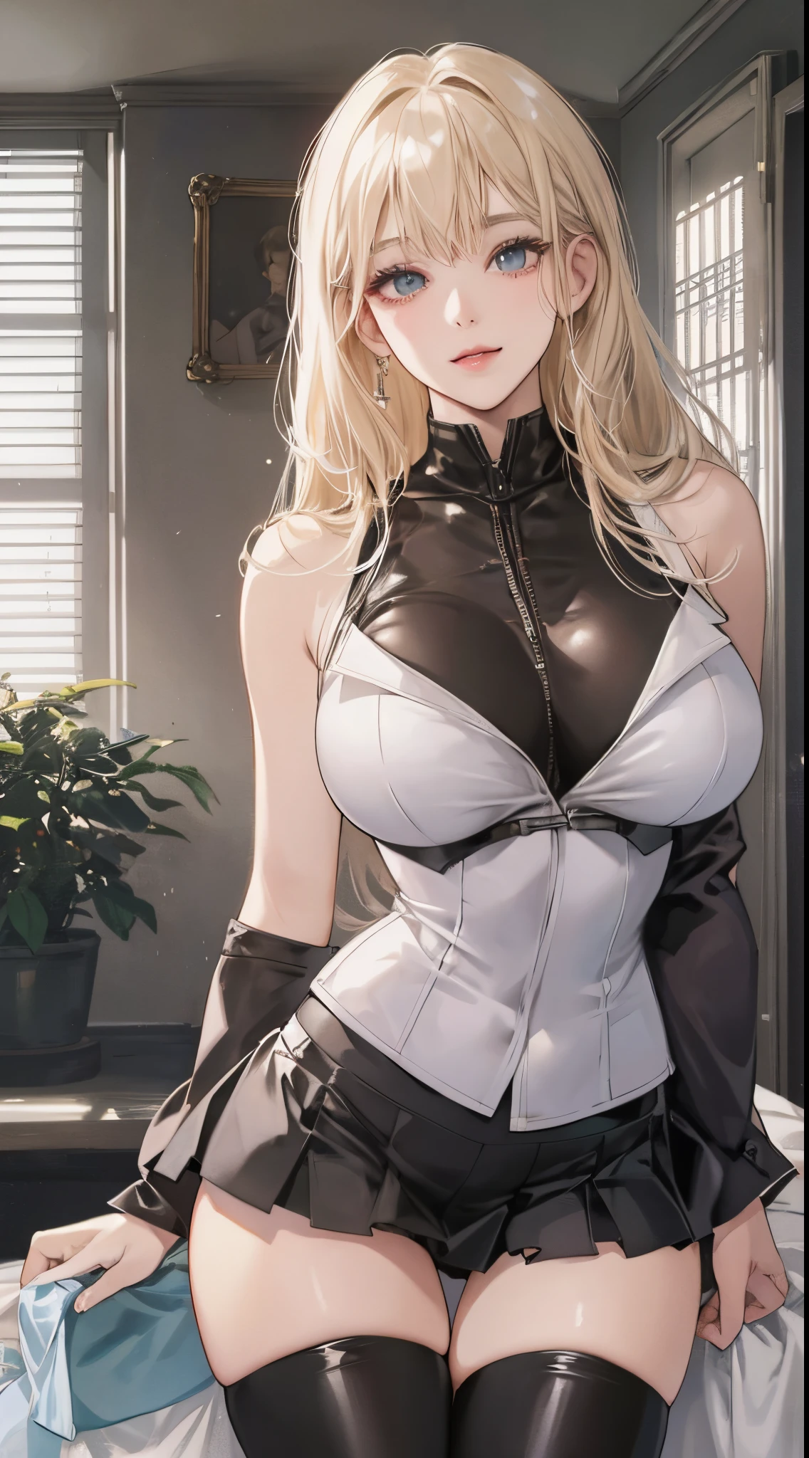 top-quality、realistic touch,high-detail、photoRealstic、、Long body、skirts that are too short、big eye、Her  are so swollen that they threaten to tear her clothes.......、Strong platinum blonde eyelashes、platinum-blonde、Beautie、A sexy、full body Esbian、Sparkling eyes、Submissive smile、Flushed cheeks、Kamimei、thin-waist、Sleeveless、Voluptuous thighs、Enraptured look、shiny rubber material、High school student in blazer