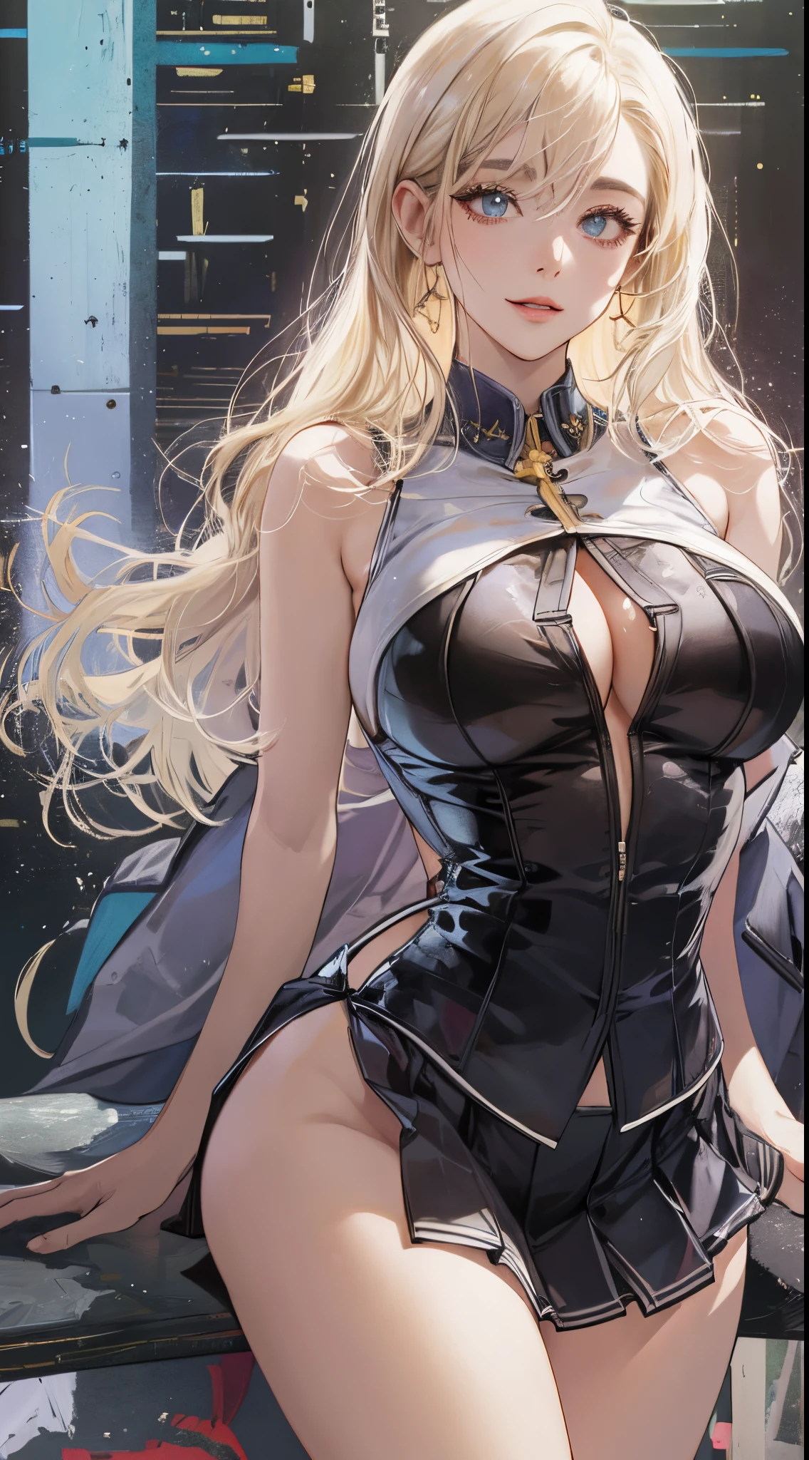 top-quality、realistic touch,high-detail、photoRealstic、、Long body、skirts that are too short、big eye、Her big breasts are so swollen that they threaten to tear her clothes.......、Strong platinum blonde eyelashes、platinum-blonde、Beautie、A sexy、full body Esbian、Sparkling eyes、Submissive smile、Flushed cheeks、Kamimei、thin-waist、Sleeveless、Voluptuous thighs、Enraptured look、shiny rubber material、High school student in blazer