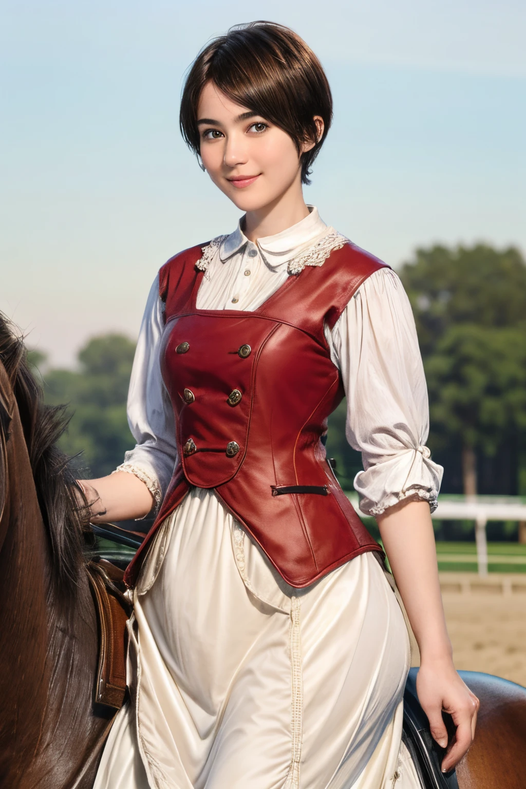 98
(a 20 yo woman,is standing), (A hyper-realistic), (high-level image quality), ((short-hair:1.46)), (Gentle smile), (Keep your mouth shut), (Riding a horse), (ride horse、Horse racing、carriage)
