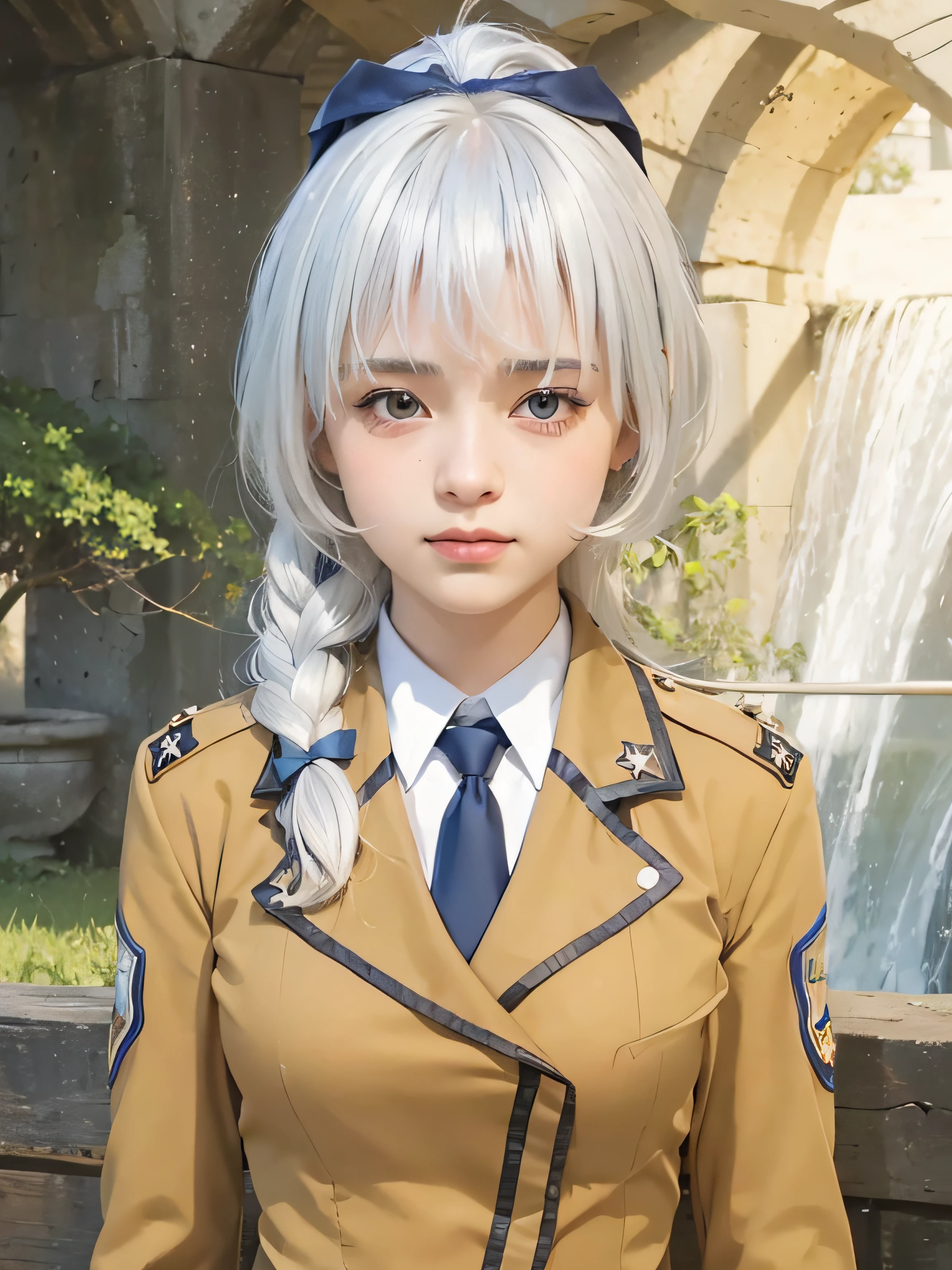masterpiece, best quality, (realistic, photo-realistic:1.4), (RAW photo:1.2), extremely detailed CG unity 8k wallpaper, delicate and beautiful, amazing, finely detail, official art, absurdres, incredibly absurdres, huge filesize, ultra-detailed, extremely detailed, extremely detailed girl, extremely detailed eyes and face, light on face,(teen girl:1.7),little smile,(white hair:1.5),military uniform,(blue ribbon:1.4),(black necktie:1.3)