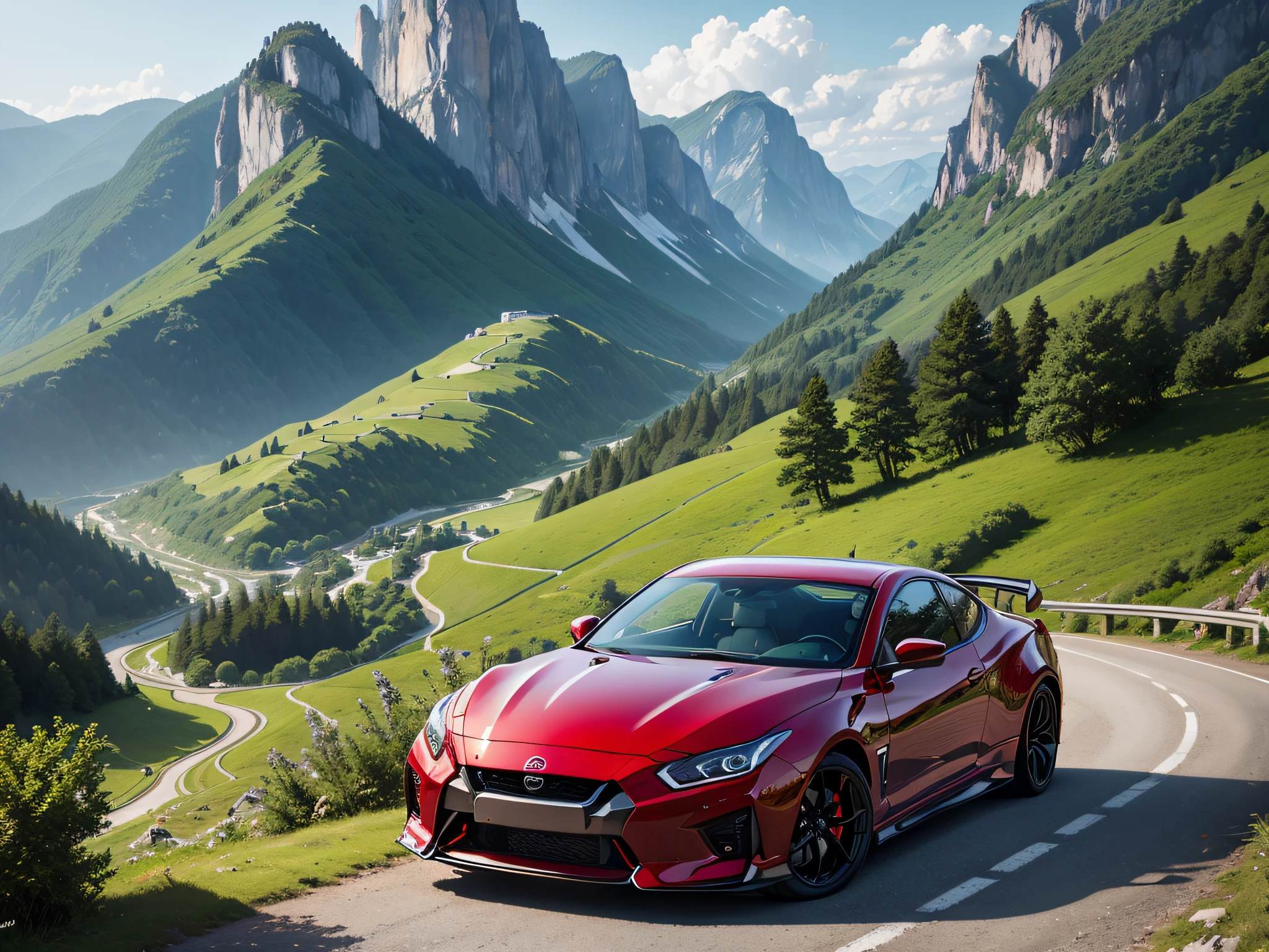超A high resolution、An ultra-high picture quality、8K、Detailed details、marvelous expression、summer valley、beautiful fresh green、A bright red sports car is parked on a mountain road built along the mountain.、with beautiful women.....、Nissan SR311