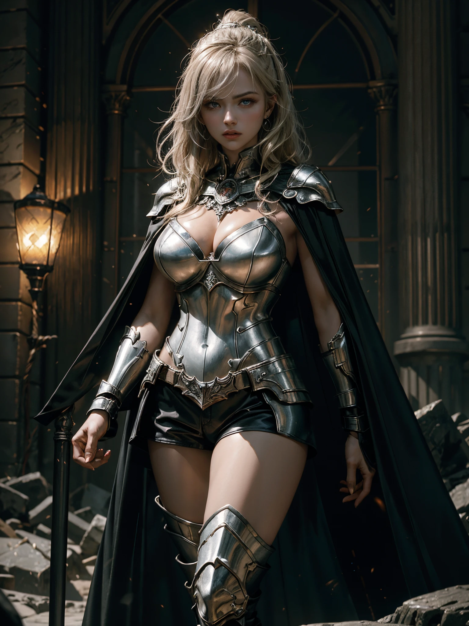 1girl, solo, female roman warrior with red helmet and cape, long thighs, metal armor on legs and thighs, long black hair, angry, extremely beautiful girl, subtle makeup, silver hour, photorealistic, high contrast, 8k HD, detailed, hyper-detailed, realistic skin texture, blonde hair, huge chest, neckline, best quality, ultra high res, raw photo, dramatic lighting, unreal engine, intricate diffuse glow and silver tab, black cape, battlefield,  Standing