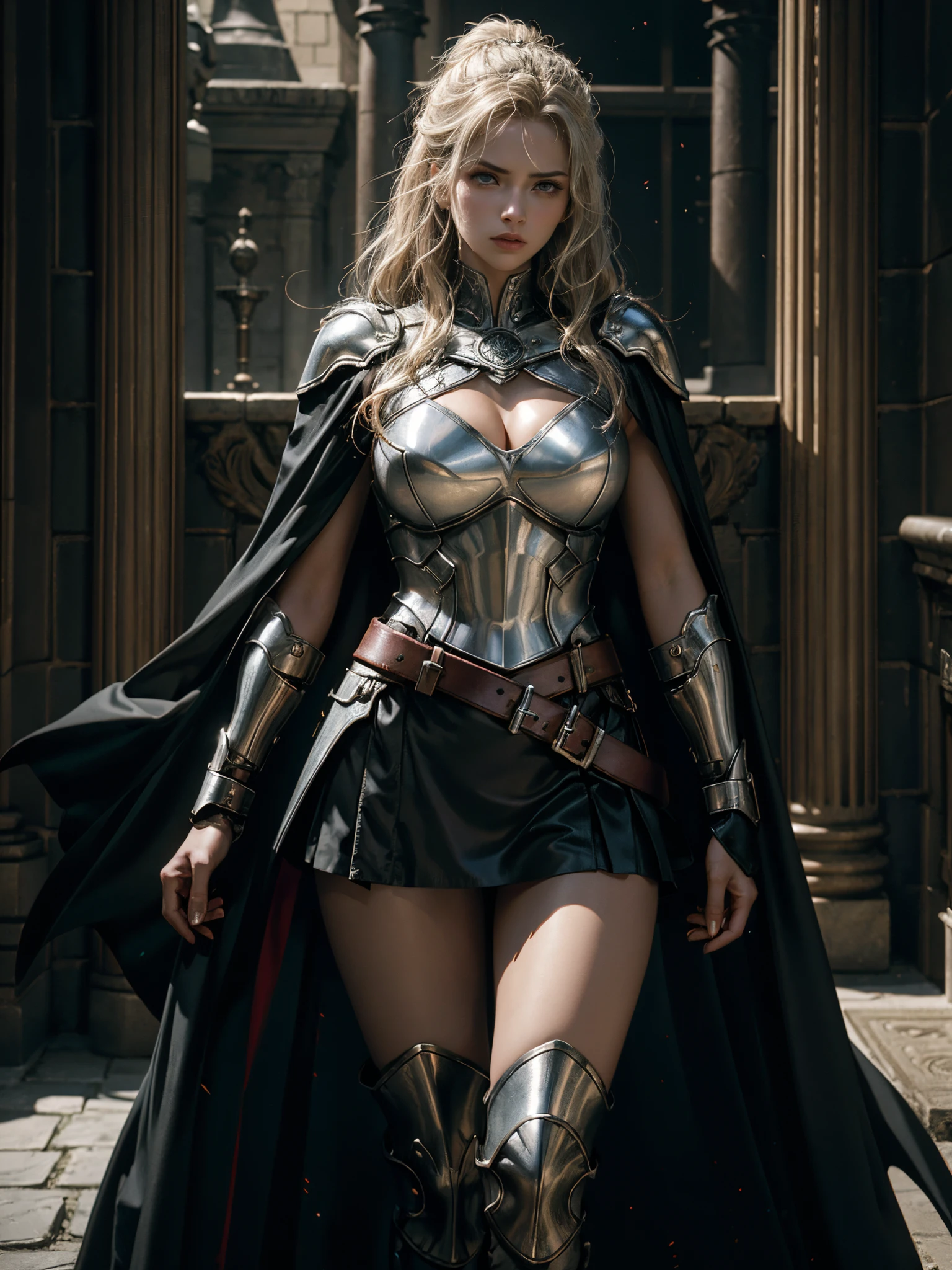 1girl, solo, female roman warrior with red helmet and cape, long thighs, metal armor on legs and thighs, long black hair, angry, extremely beautiful girl, subtle makeup, silver hour, photorealistic, high contrast, 8k HD, detailed, hyper-detailed, realistic skin texture, blonde hair, huge chest, neckline, best quality, ultra high res, raw photo, dramatic lighting, unreal engine, intricate diffuse glow and silver tab, black cape, battlefield,  Standing