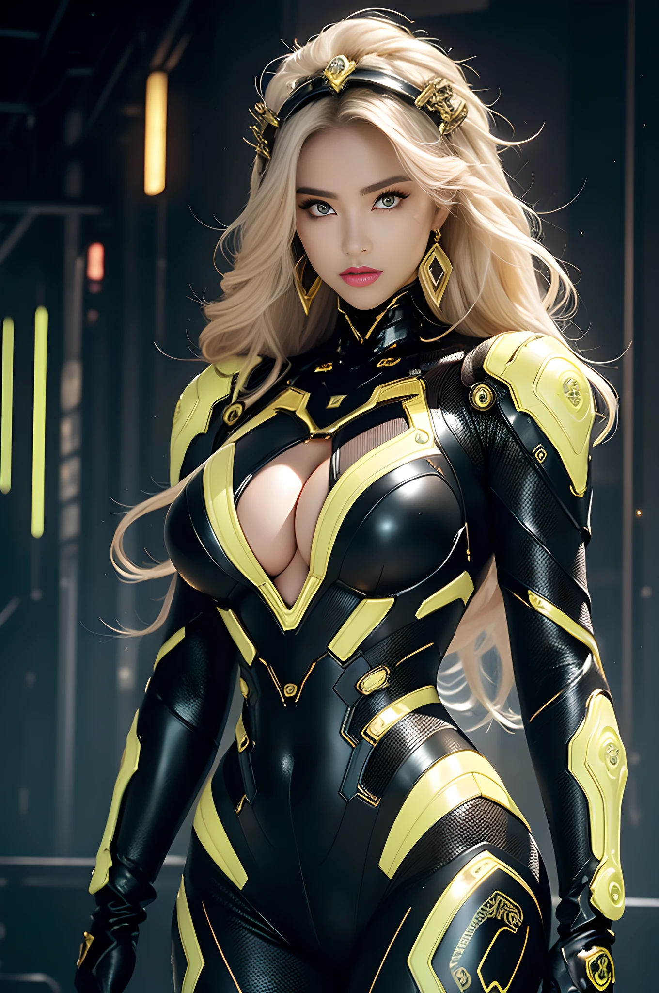 (masterpiece), best quality, expressive eyes, perfect face, beautiful details face, upper body, A beautiful mature woman in cyber armour suit shows her Extremely busty and attractive breasts, (light smile), (blonde hair), multicolored hair, (random hairstyles, shiny hair, gradient hair, medium long hair), (covered chest), (beautiful detailed full bodysuit:1.3), full body cybersuit, glowing and shining suit, silver and gold cyber armour,(Edge lights:1.3), (gold and black colour scheme:1.3), (neon light on suit:1.3), beautiful details eyes, (eyes gold:1.2), (glowing eyes:1.1), forehead, (hair orament),(Gigantic saggy breasts:1.3), thick body, (well accentuated curves), pink lips, (white nails), mascara, Long eyelashes, (Extremely wide well defined hips:1.3), (beautiful massive thick muscular thighs:1.3), tight thighs,thick thighs, has a tall slender figure, (Extremely detailed skin texture:1.1), beautiful detailed realistic muscle definition, golden fireflies that shimmer, high detailed eyes, ultra-high quality model, proportionate, intense colouration fantasy, (background golden palace, beautiful background), gold and silver flora pastel tetradic colours, hair ornament, earrings, detached sleeves, jewelry, earring, (1girl), solo,