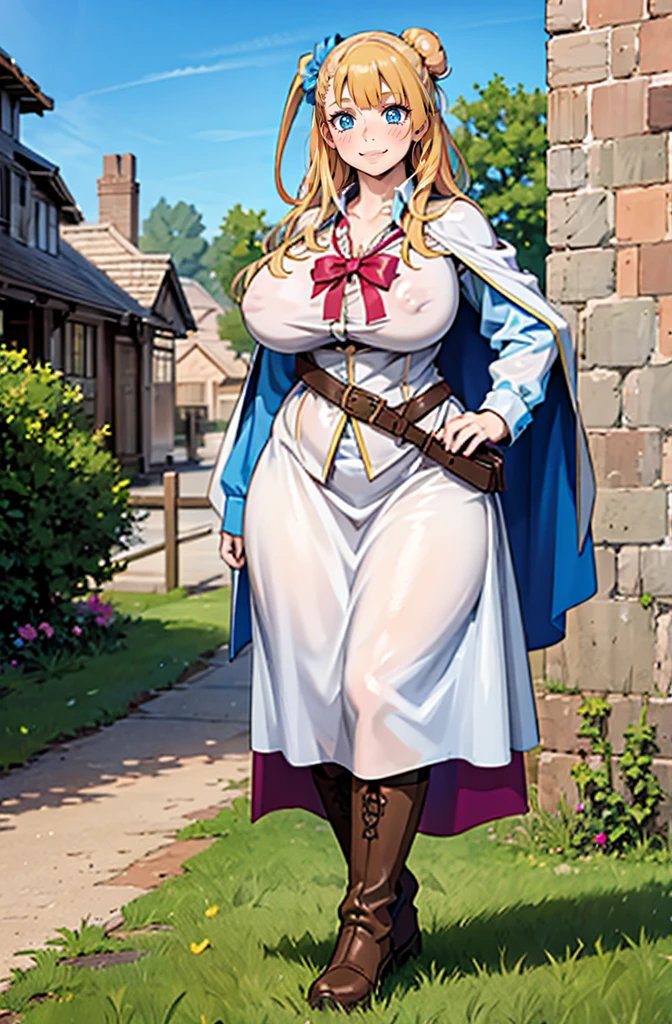 galko,1girl, solo, smile, full body, standing, long skirt, priestess, religious, holy, cute, blush, ,tall female, medieval clothing, white veil, tunic, long skirt,boots, huge brest, curvy,sexy, sensual, volouptouse, thicc