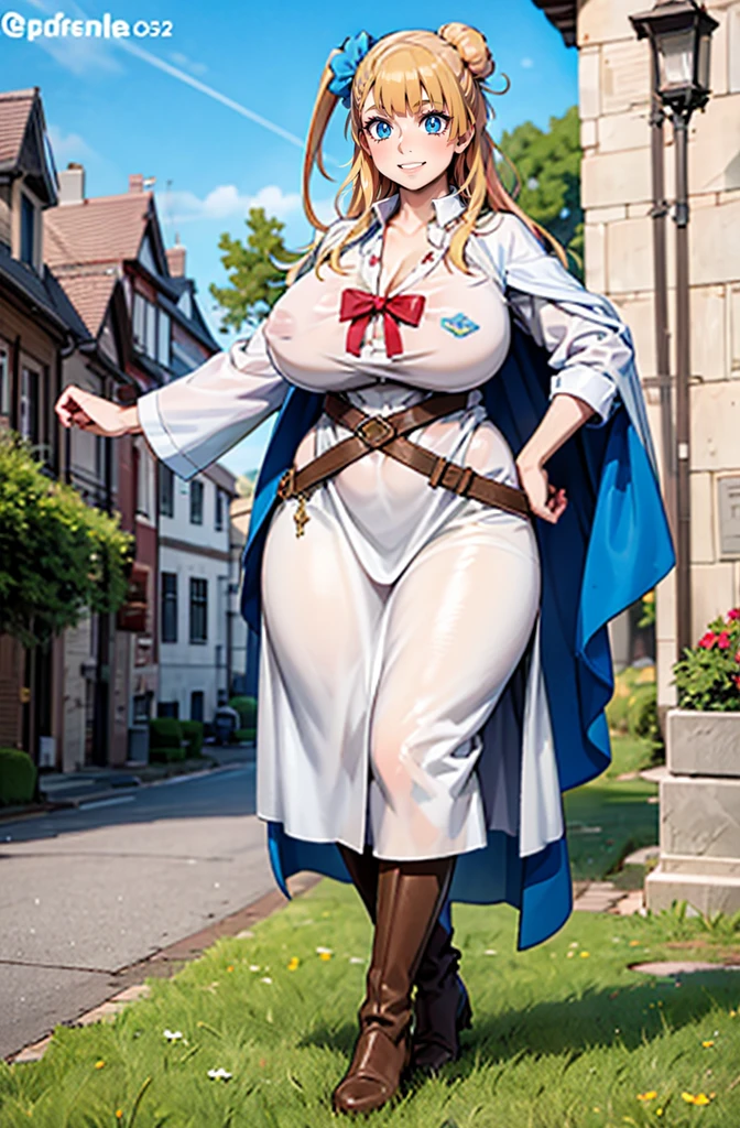 galko,1girl, solo, smile, full body, standing, long skirt, priestess, religious, holy, cute, blush, ,tall female, medieval clothing, white veil, tunic, long skirt,boots, huge brest, curvy,sexy, sensual, volouptouse, thicc