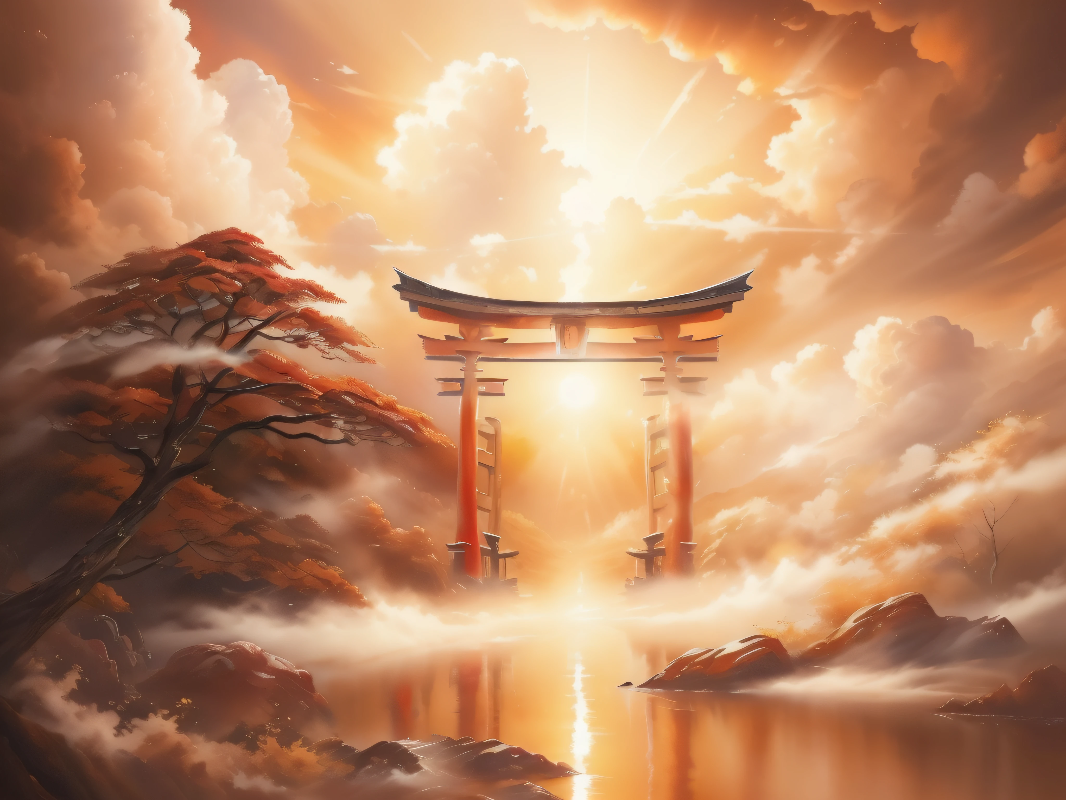 (((masutepiece))), High quality, Extremely detailed, Torii in the clouds, Sunlight, morning, Sunrise, Autumn, superfine illustration, (((Oil Painting))), realphoto, line-drawing, Approaching perfection, Insanely detailed, Concept art, epicd, Cinematic,