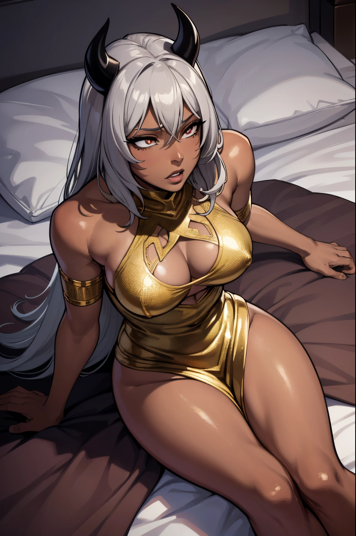 (best quality,4k,8k,highres,masterpiece:1.2), ultra-detailed, (realistic,photorealistic,photo-realistic:1.37), from above,nishikino maki, silver hair,mature ebony-skinned female with long flowing silver hair, wearing a golden gilded form-fitting skimpy golden dress, curvy, has large black demon wings, has demonic horns, alluring gaze, dark skin tone, ebony skin tone, golden dress, dress made of gold, alone, solo, (ALONE)(SOLO), laying on bed, sweating, soaked in sweat, rolling eyes, shocked, surprised