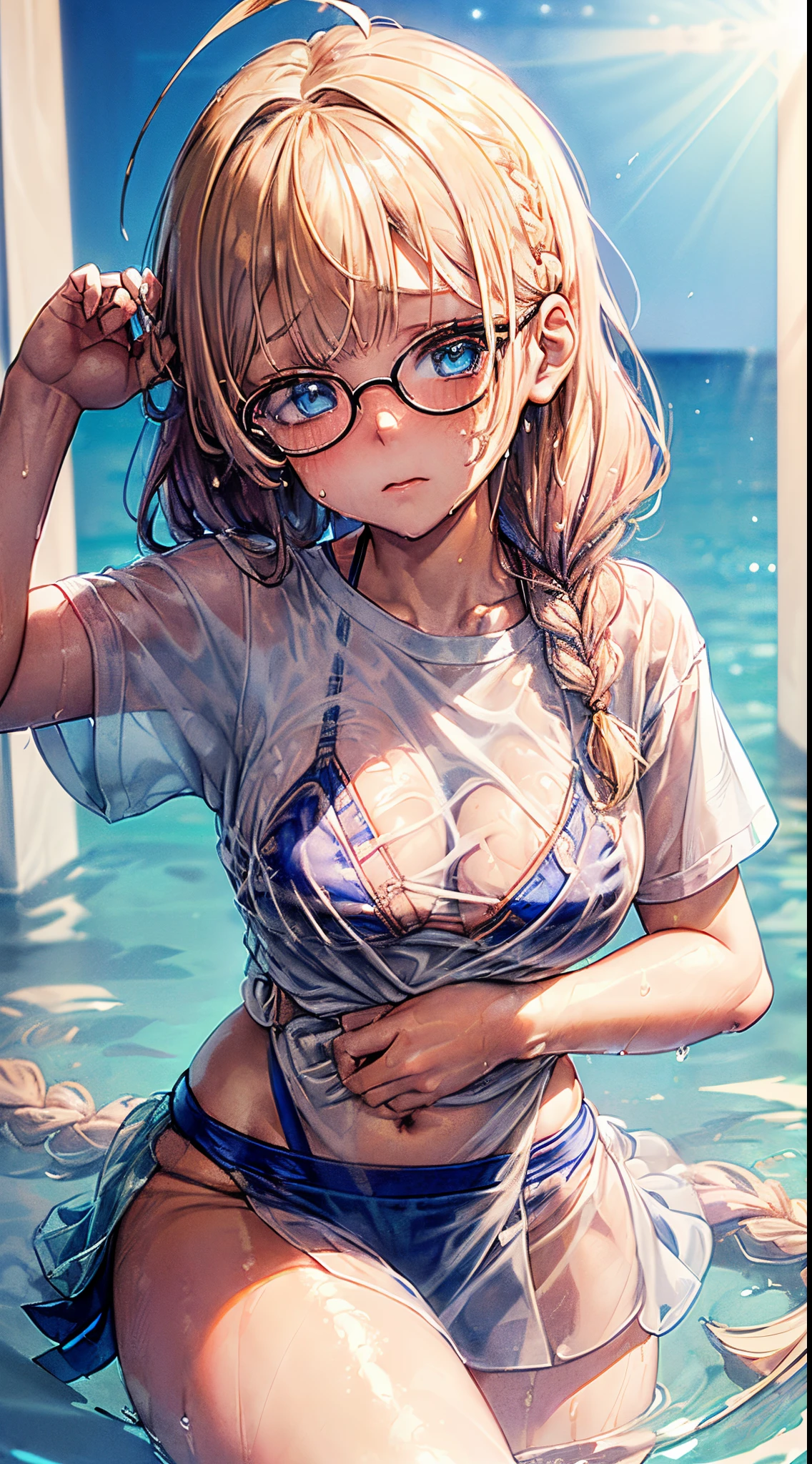 1womanl,Golden head hair, ,((Impatient expression)),Beautiful breasts,(((Thin white t-shirt))),well-styled,,(Facing the front)(((Blushing cheeks、Surprised look)),(((short braid))),((( Portrait from the knee up)))Frameless glasses,Blue eyes,(((Bangs are aligned)))((see -through))((sexy blue bikini,))(Wet with water),a short skirt