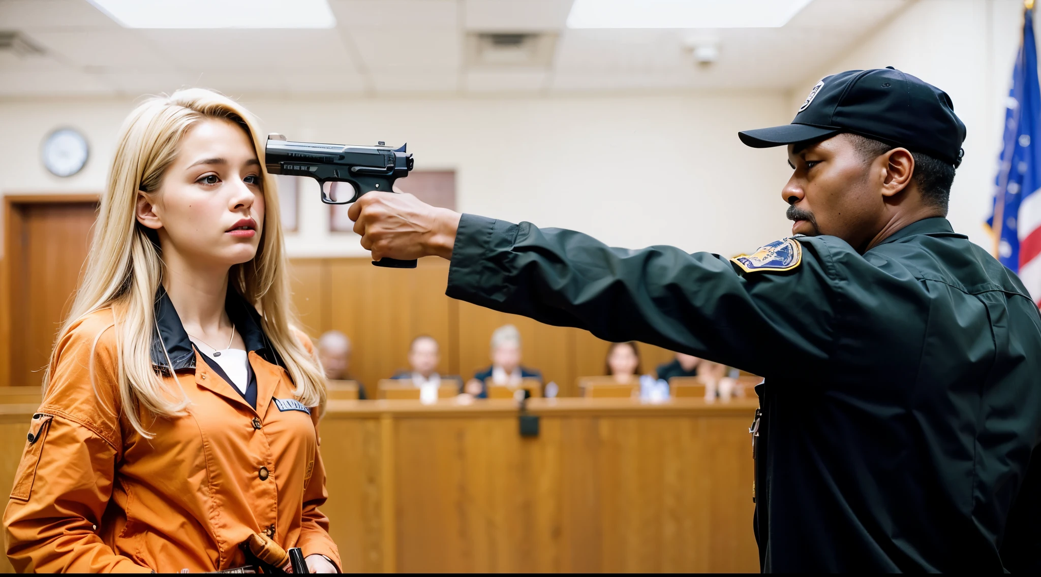 American blond woman in orange prison suit pointing gun at black officer wearing police uniform in courtroom, realistic movie still, in a courtroom, courtroom scene, in court, photorealistic movie still, with pistol, realistic image, 16k resolution,