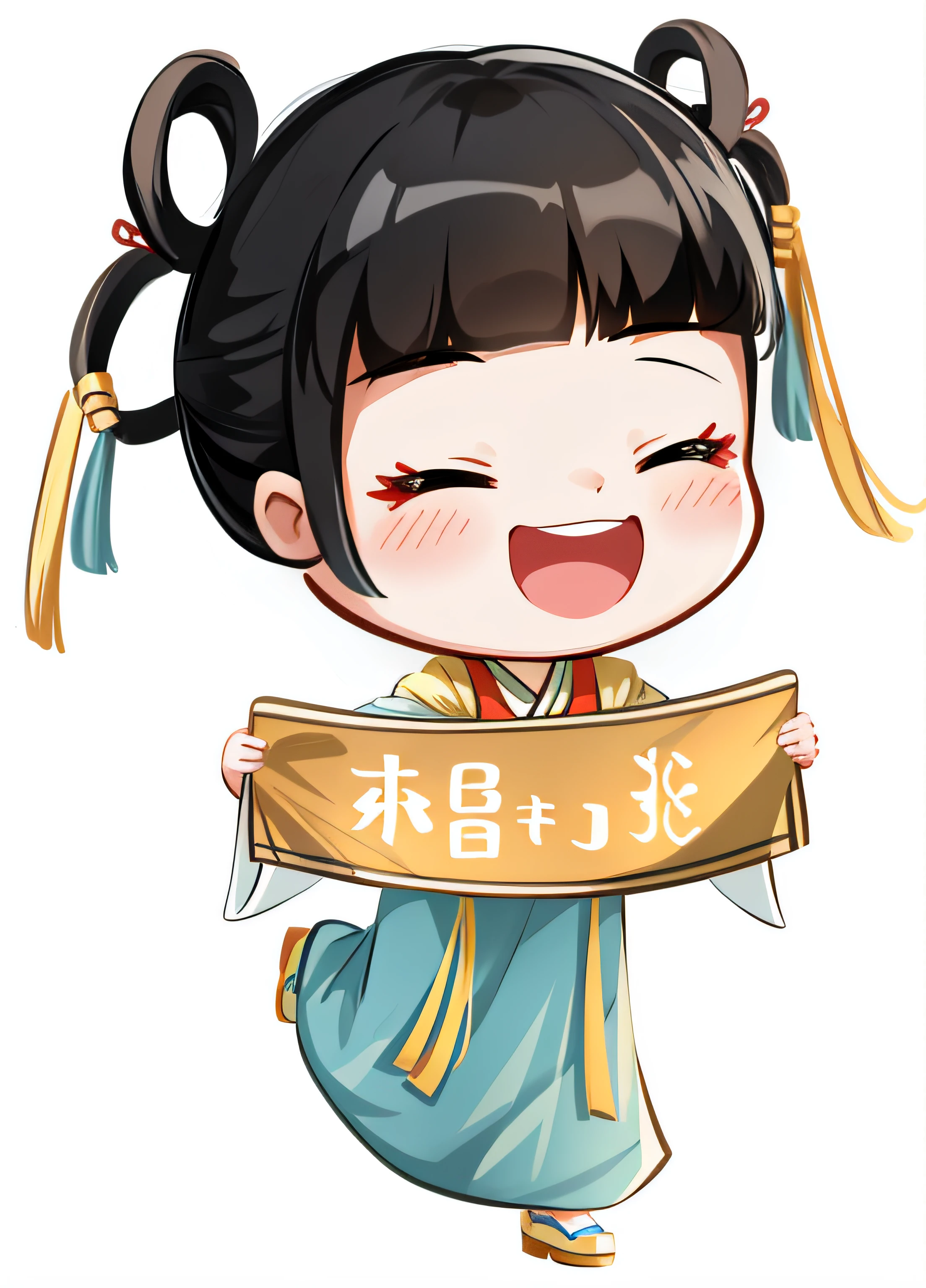 Cartoon girl holding scroll with Chinese writing, ChineseGirl, Wearing ancient Chinese clothes, A girl in Hanfu, adorable expression,laughingly,one eye open