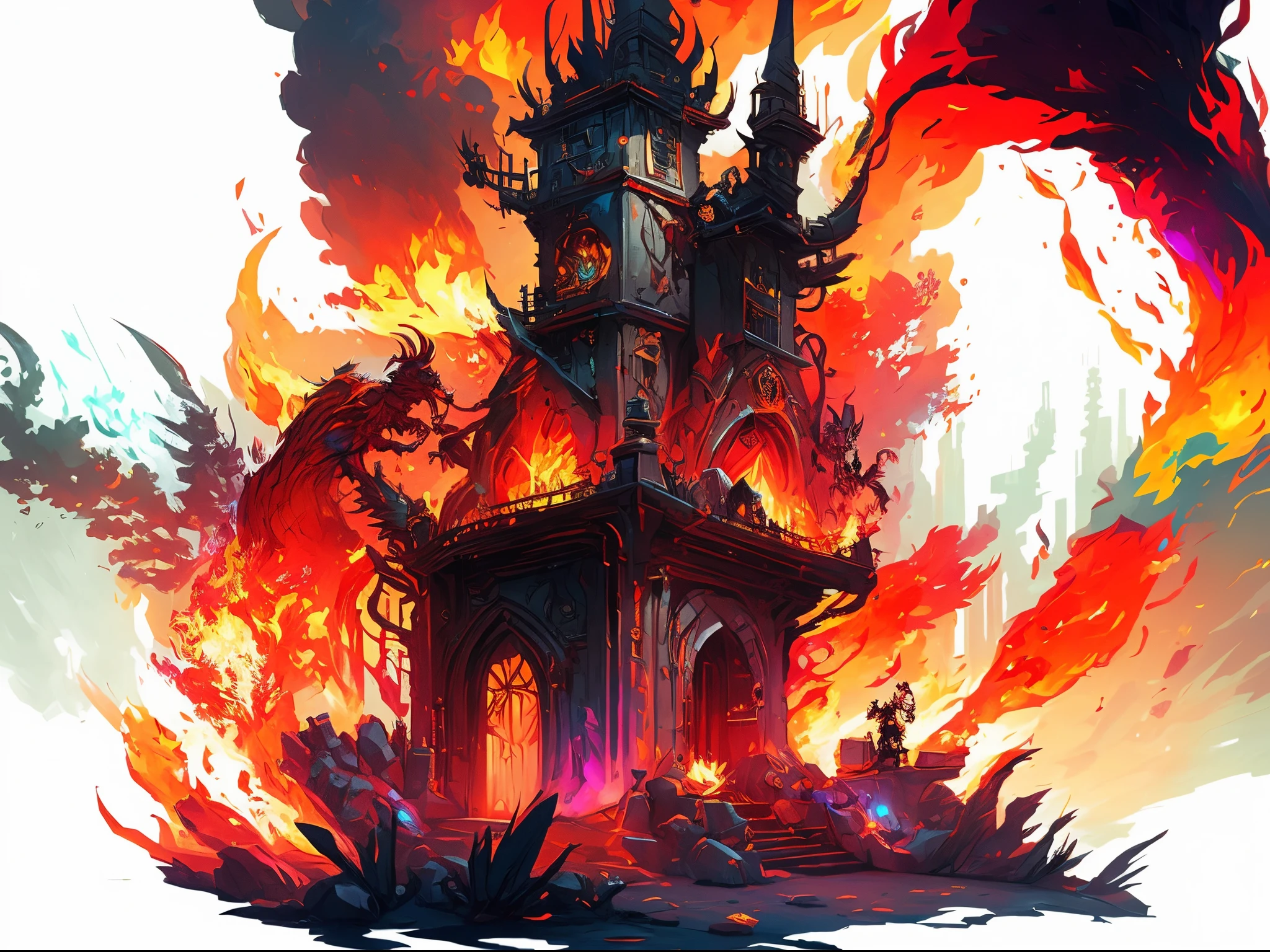 illustration of a tower with a fire and flames coming out of it, colorful concept art, very coherent stylized artwork, a beautiful artwork illustration, ornate with fiery explosions, 4k detailed digital art, andreas rocha style, epic fantasy digital art style, detailed digital 2d fantasy art, the style of andreas rocha, wrath flame and ruin