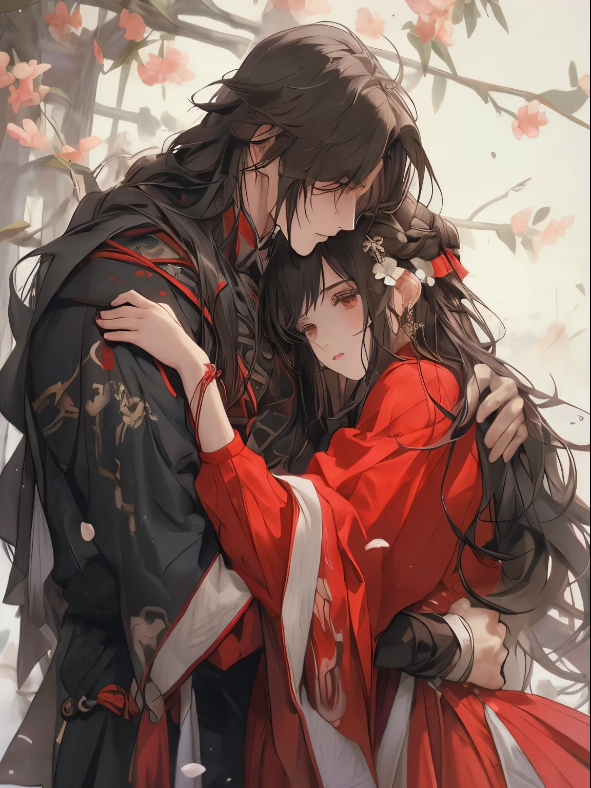 anime couple hugging each other in front of a tree, flowing hair and long robes, by Yang J, lovely couple, by Ye Xin, guweiz, artwork in the style of guweiz, by Ni Tian, beautiful anime, in a cloak with long hairs, wlop and sakimichan, by Li Song, high quality fanart, by Chen Lin