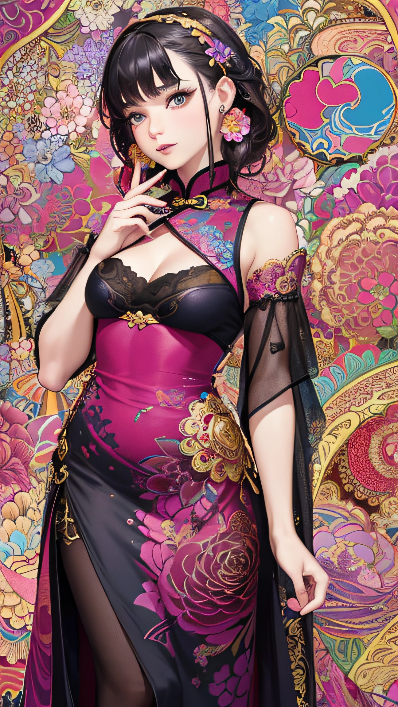 (masterpiece、top-quality、top-quality、Official Art、Beautifully Aesthetic:1.2)、(One Girl:1.3)、A highly detailed、(fractal art:1.1)、(dark color:1.1)(florals:1.3)、The most detailed、(zentangle:1.2)、(Dynamic poses)、(abstract backgrounds:1.3)、(qipao dress:1.2)、(shinny skin)、(many colors:1.4)、、(earrings:1.4)、