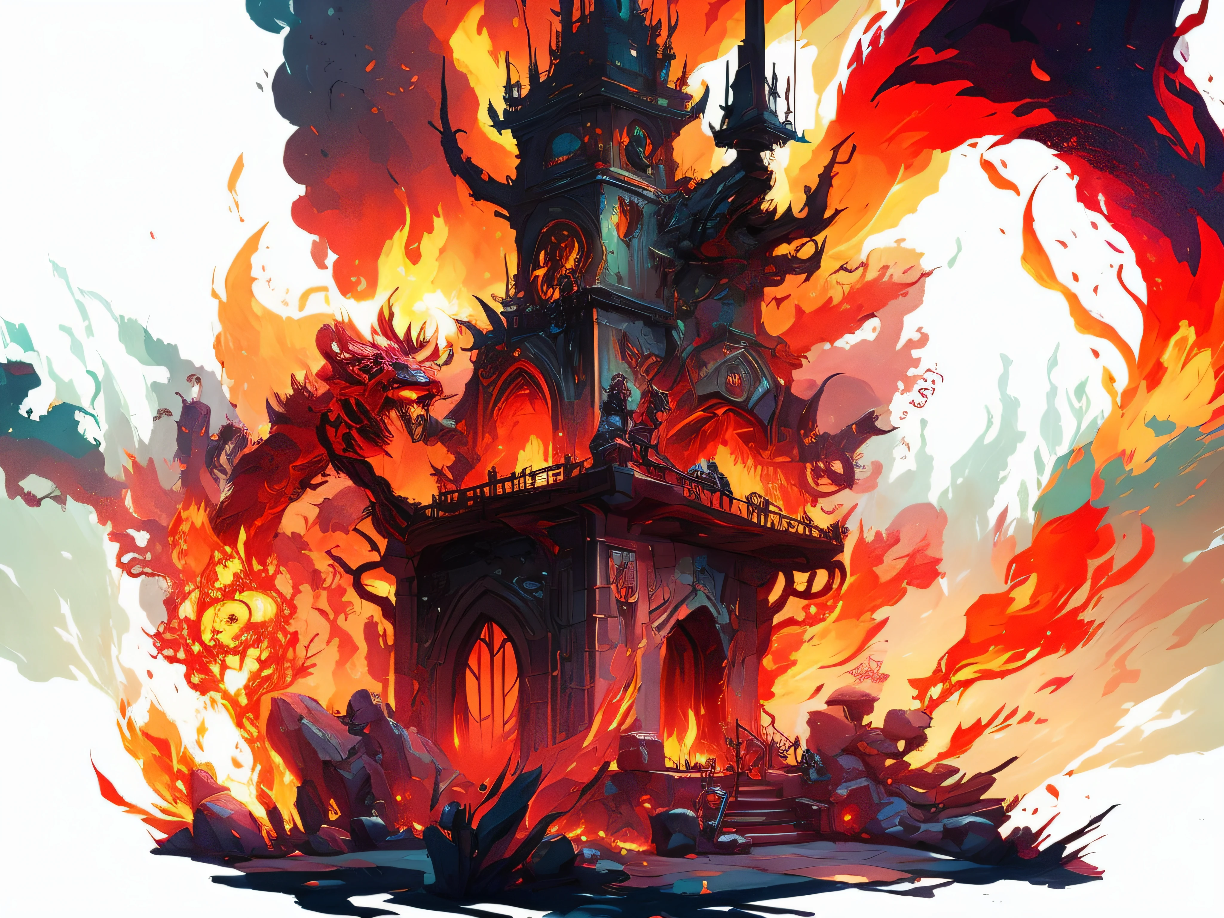 A painting of a tower with a fire in the middle - SeaArt AI