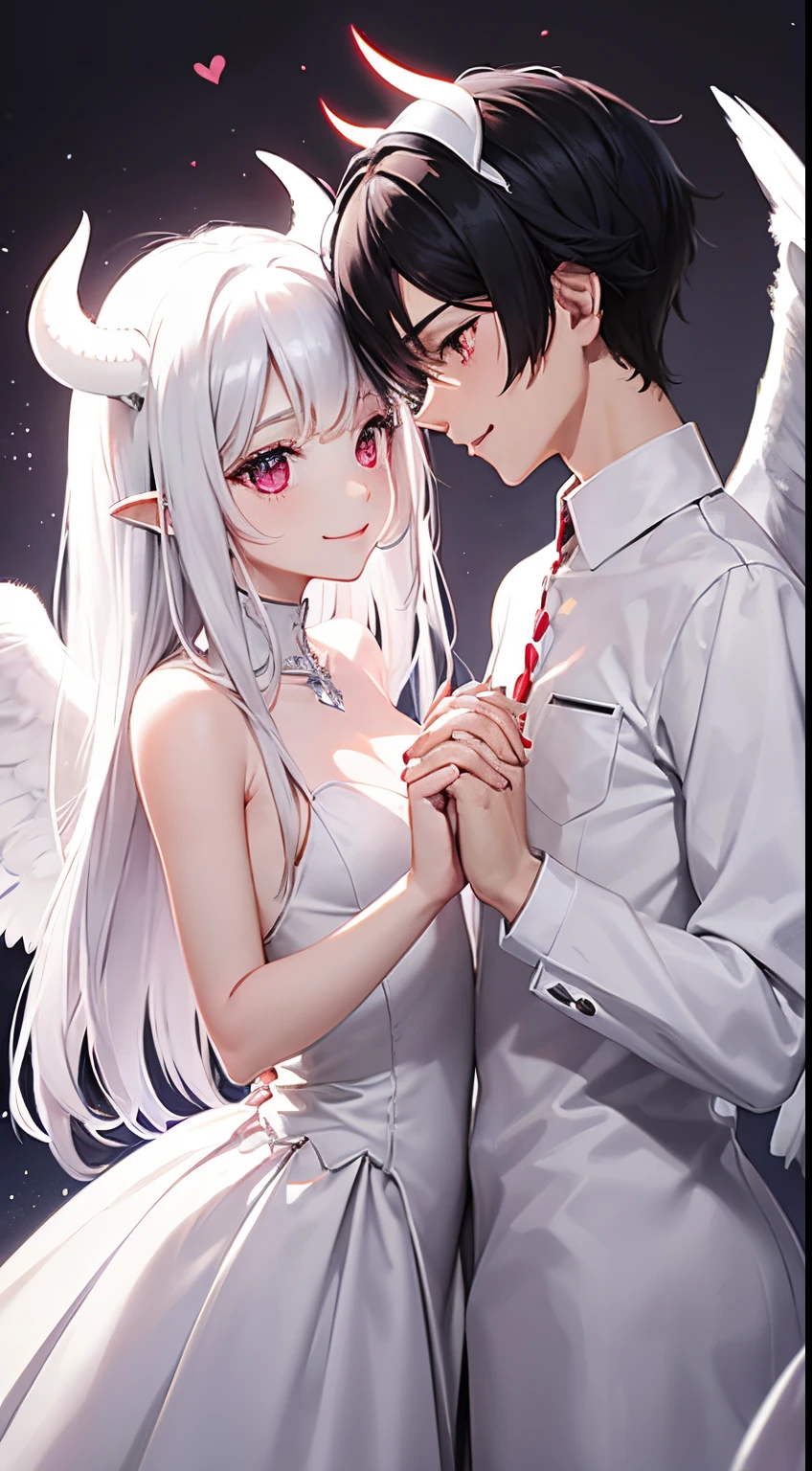 two guys，An angel holds a harp，White-haired girl。One demon，Red-haired girl，Take a trident。Two people sitting on the bed，Hug each other。