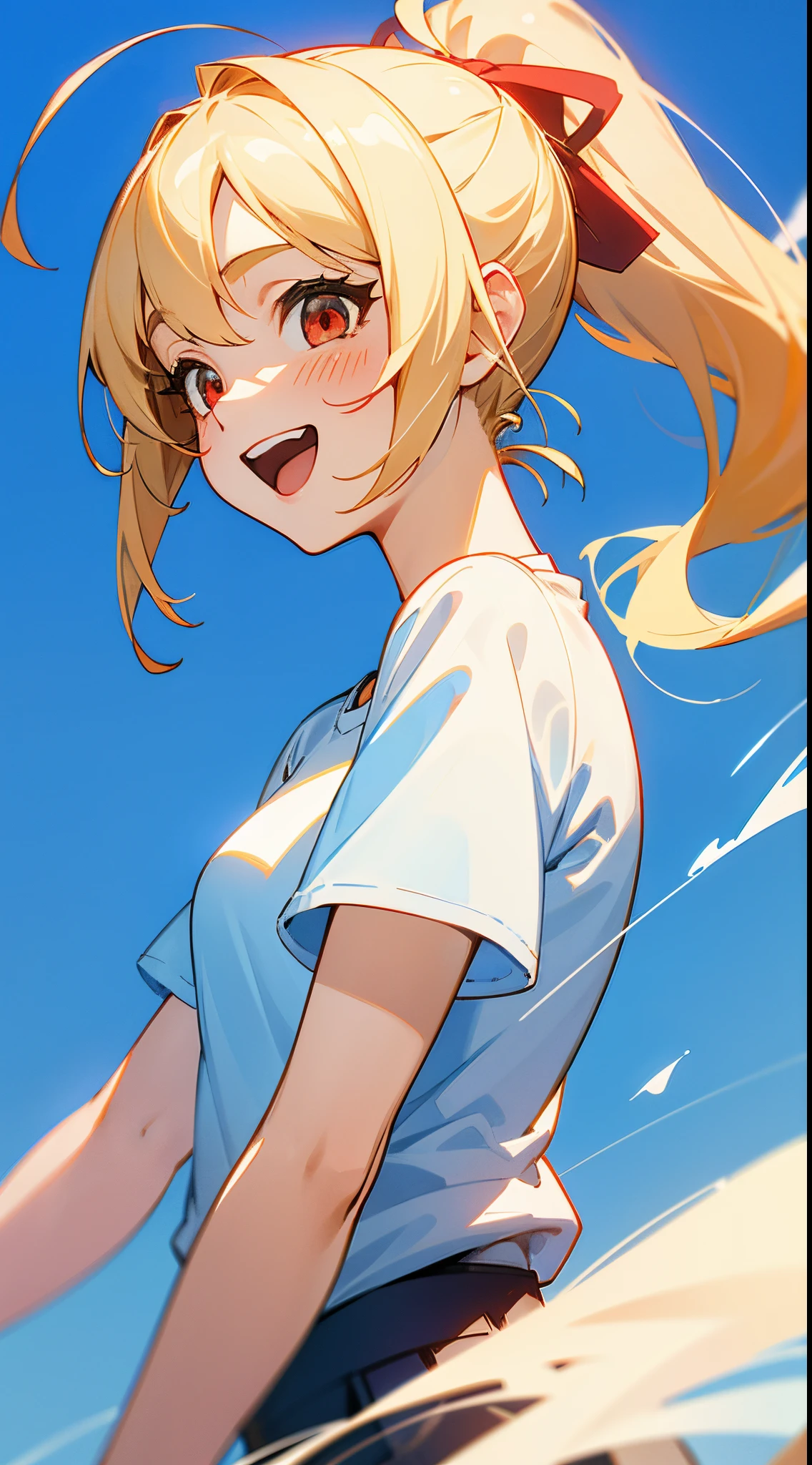 1girl in, Blonde ponytail、Ahoge、big round red eyes、small tits, Sky blue solid color background, Pure blue background, Dark blue background, White T-shirt, happily laughing, high-angle、portraitures