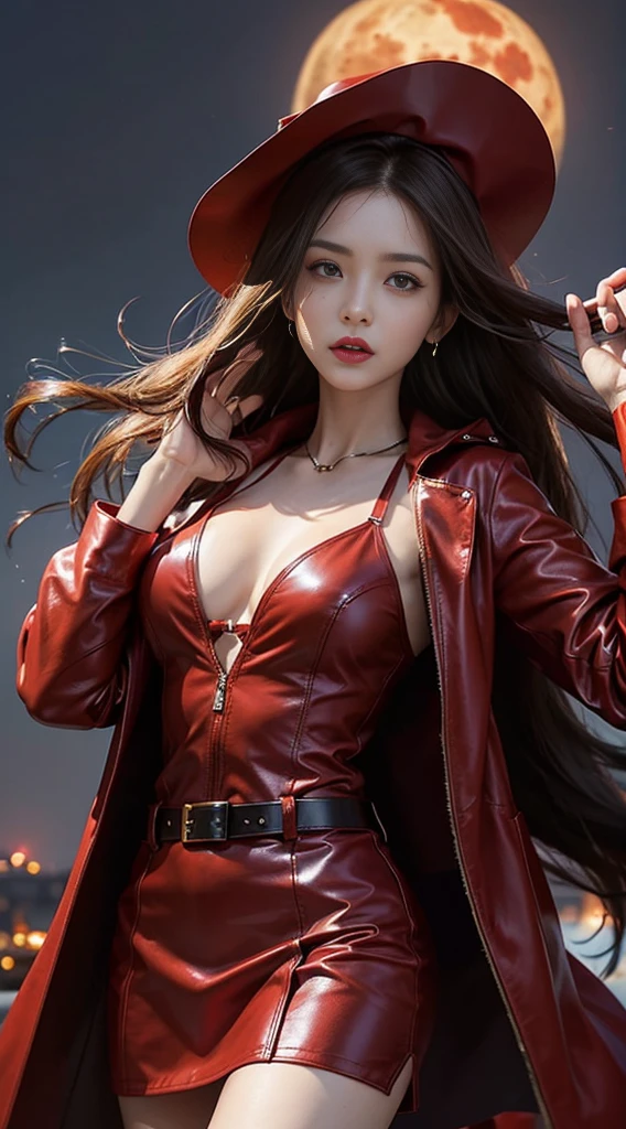 ((( Show the full model from vieweraster-piece))), (((beste-Qualit))), ((Very detail)), (exaggerate.), (highly detailed CG illustration), Cinematic lighting, Realistic as a photo ,very beautiful girl., (Beautiful face and lips), light makeup, Big breasts, Pictures with complex details, red jacket, sword, trending on artstation (Show a full body standing pose..) (Realistic, Watch Movies) (low angle) (Realistic backgrounds)(Use a 200mm focus lens. F2 aperture.0)(Show 2 full legs.)