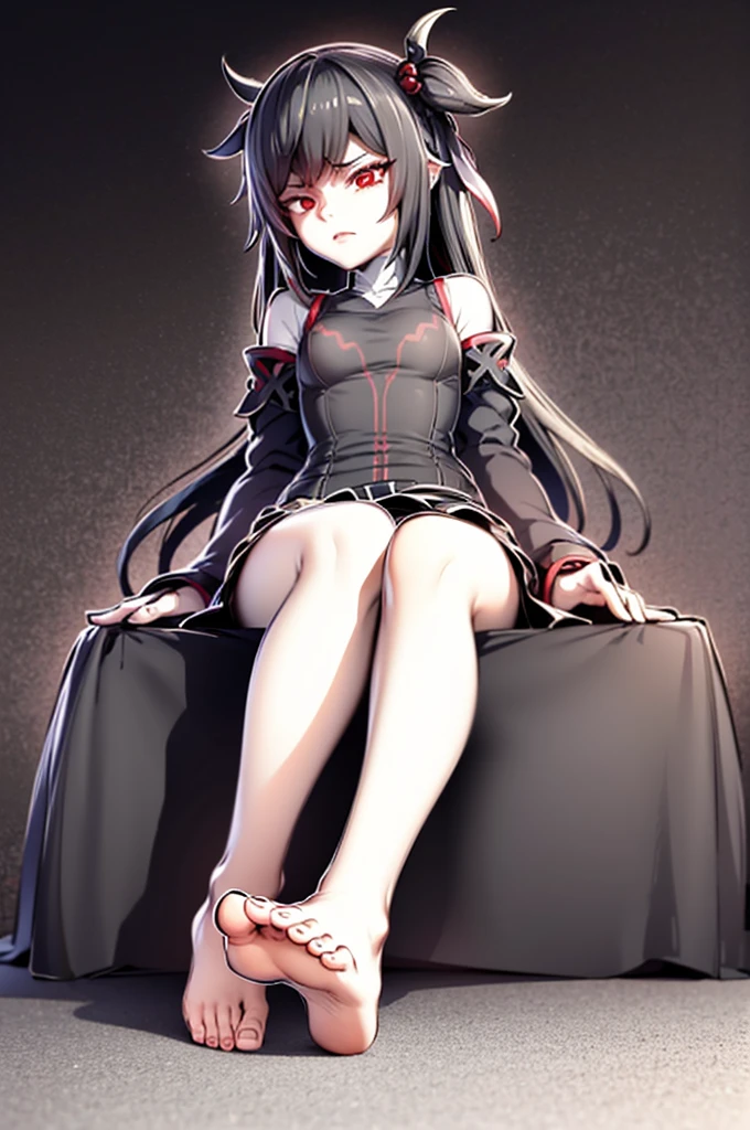 black hair, red eyes, foot focus, bare feet, detailed feet, realistic feet, shy and angry,feet in the foreground, genshin impact, sit on the table