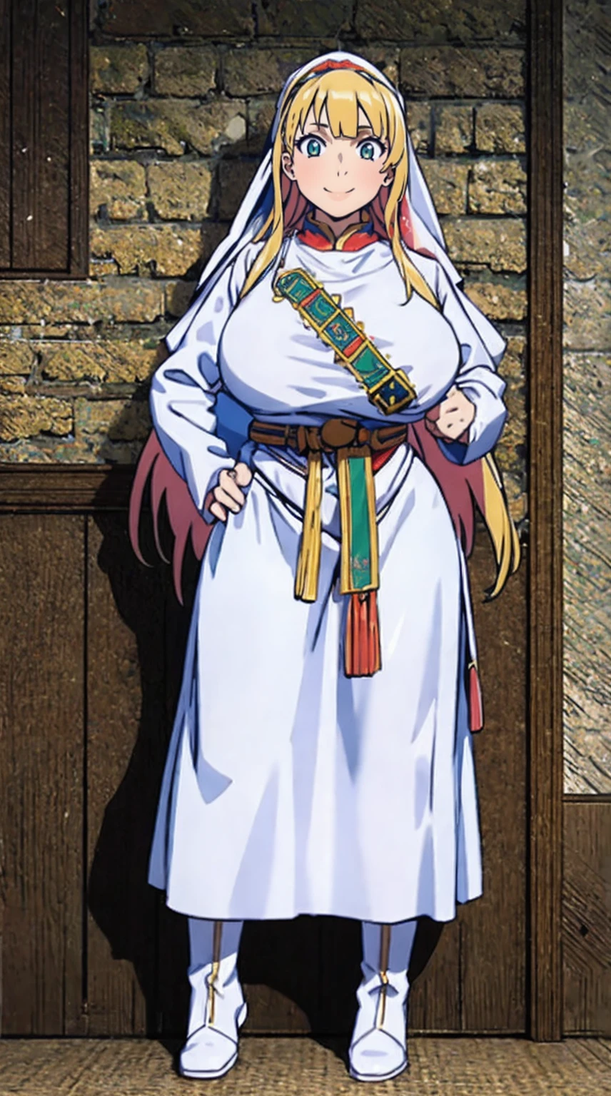galko,1girl, solo, smile, full body, standing, long skirt, priestess, religious, holy, cute, blush, ,tall female, medieval clothing, white veil, tunic, long skirt,boots, huge brest, curvy,sexy, sensual, volouptouse, thicc, , jade green eyes