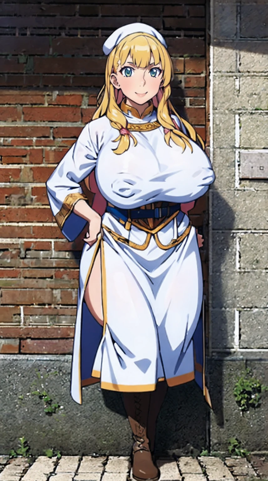 galko,1girl, solo, smile, full body, standing, long skirt, priestess, religious, holy, cute, blush, ,tall female, medieval clothing, white veil, tunic, long skirt,boots, huge brest, curvy,sexy, sensual, volouptouse, thicc, , jade green eyes