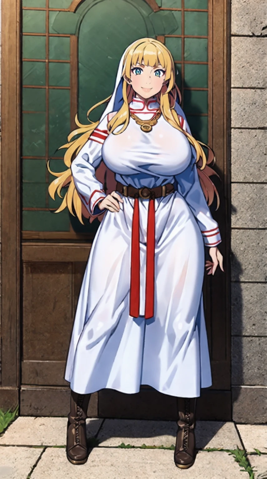 galko,1girl, solo, smile, full body, standing, long skirt, priestess, religious, holy, cute, blush, ,tall female, medieval clothing, white veil, tunic, long skirt,boots, huge brest, curvy,sexy, sensual, volouptouse, thicc, , jade green eyes