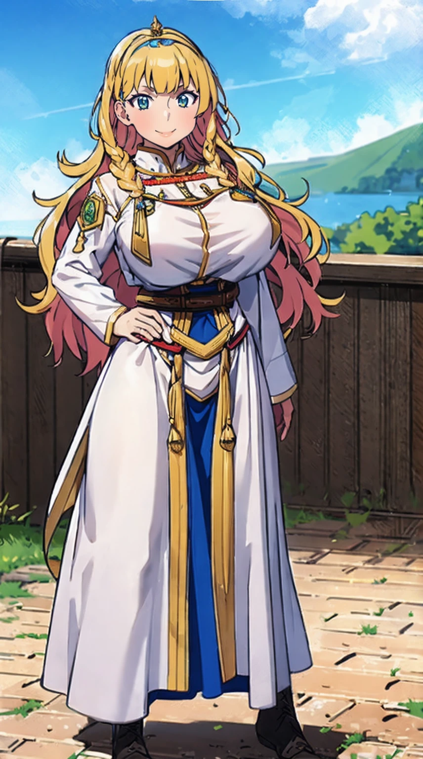 galko,1girl, solo,woman-medieval-cloths,priestess, full body, gyaru, huge breast, curvy, full body,