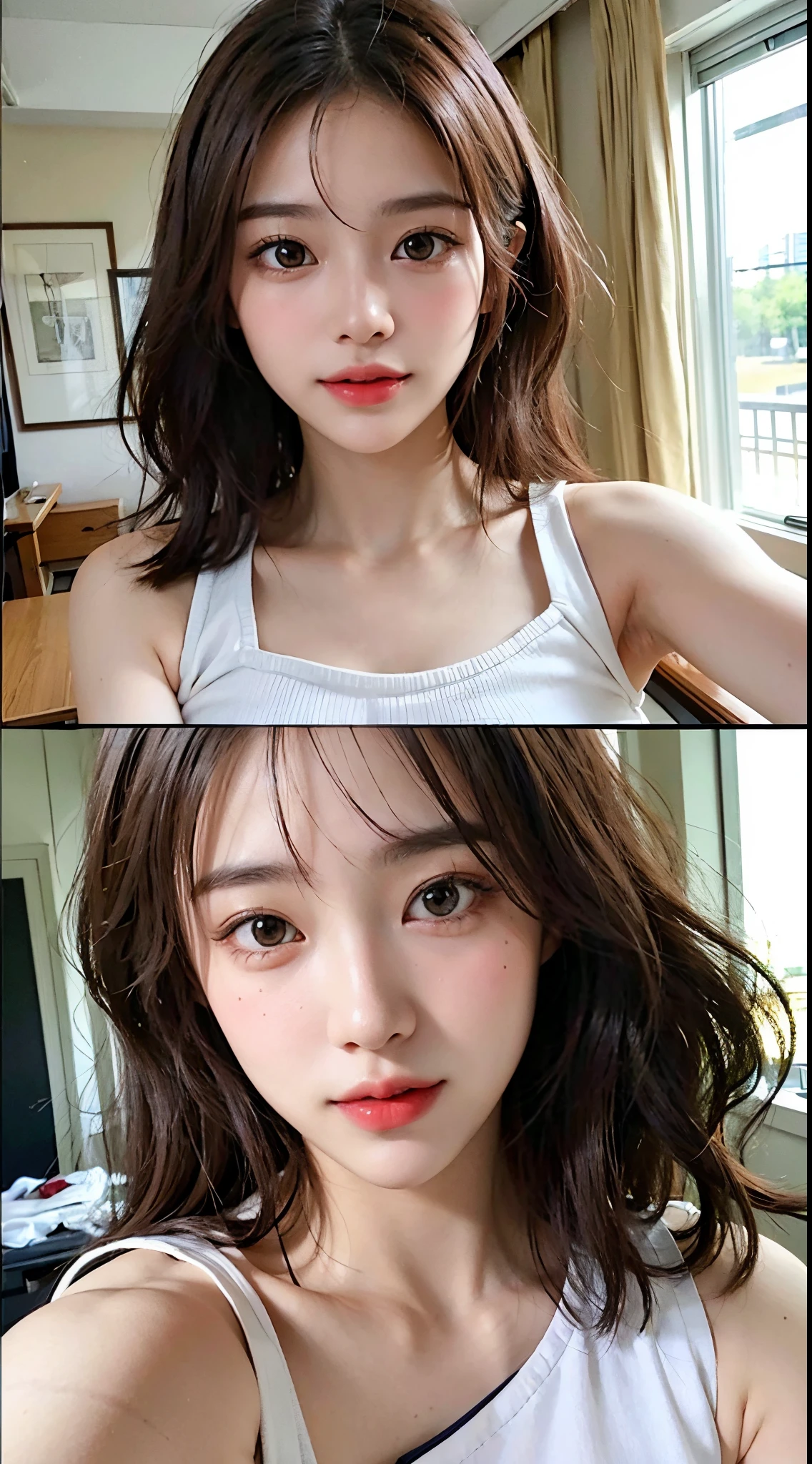 ((Beauty like a model)), Japan Girl,1 persons,masterpiece, The highest image quality, ultra-detailliert, (perfectbody:1.2), ((Perfect face+light brown hair)), Close up of, short wavy hair,Viewer's Perspective, detailed hairs、Detailed eyes(realisticeyes),profetional lighting,middlebreasts,(Brown eyes),slenderbody,adult lady,About 28 years old,glamor,kindly smile,Half Girl,Lashes,二重まぶた,Tank Tops,Raw photo,Sexy lips,Lovely smile,she crumpled her face and smiled,Navel Fashion,abdominals,Constriction,