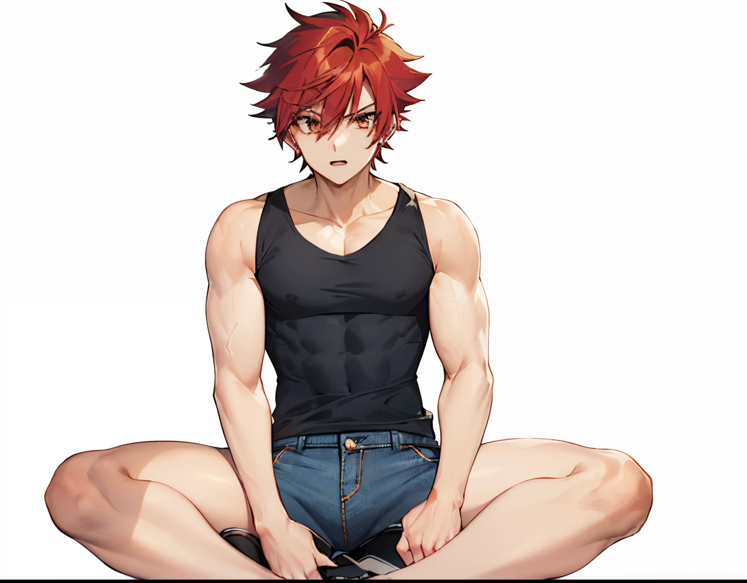 Red haired anime boy sitting on floor with legs crossed, Anime Boy, anime style character, garments:Black tank top, boy wearing denim shorts, In anime style, anime styled, Anime style, Muscular men, Knight of Zodiac Boy, with short red hair standing on end,, In an anime style, masculine and muscular, Bare arms, Bare shoulders,