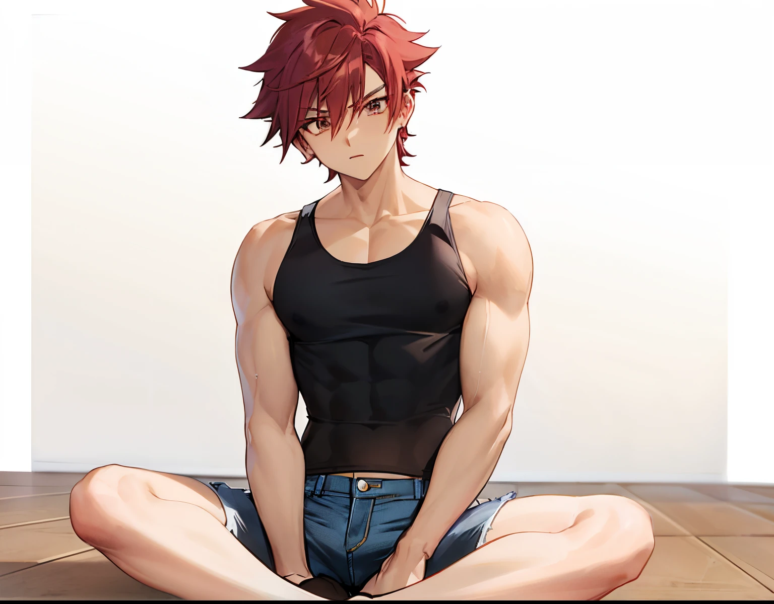 Red haired anime boy sitting on floor with legs crossed, Anime Boy, anime style character, garments:Black tank top, boy wearing denim shorts, In anime style, anime styled, Anime style, Muscular men, Knight of Zodiac Boy, with short red hair standing on end,, In an anime style, masculine and muscular, Bare arms, Bare shoulders,