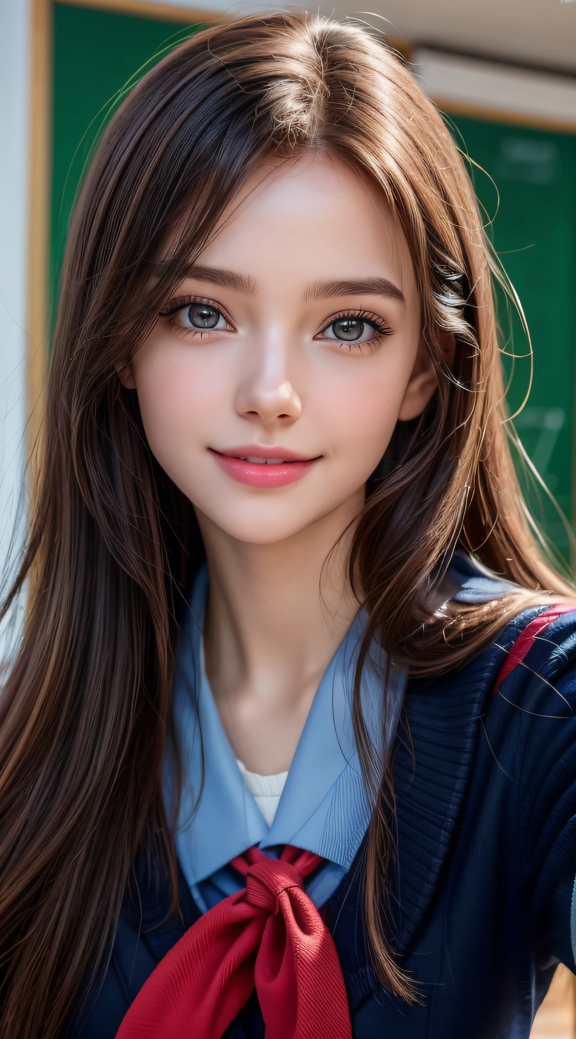 1girl in, Extremely cute, Amazing face and eyes, (Beautiful lovely smile), (extremely detailed beautiful face), bright and shiny lips, Keep staring at me, Super beautiful, (School uniform:1.3), (Best Quality:1.4), (hyper quality), (Ultra-detailed), (Hyper-realistic, Photorealsitic:1.37), Authentic skin texture, Highly detailed CG integrated 8k wallpapers, RAW Photos, professional photograpy, Cinematic lighting,