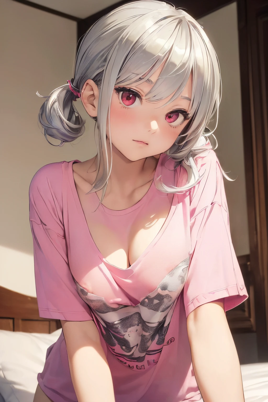 (masterpiece:1.5), (best quality:1.5),(high resolution:1.5),(beautiful pretty cute face:1.3),(beautiful detailed eyes:1.2),(tsurime:1.2), (silver hair:1.6),(short twintails:1.4),(red eyes:1.2),(upper body:1.4), looking at viewer,(small breasts:1.2),(1girl:1.2),(solo:1.2),embarrassed,topless,(nipples:1.4),bedroom,(leaning forward:1.5),(downblouse:1.2),(loose t-shirt:1.2) ,(pink t-shirt:1.3)