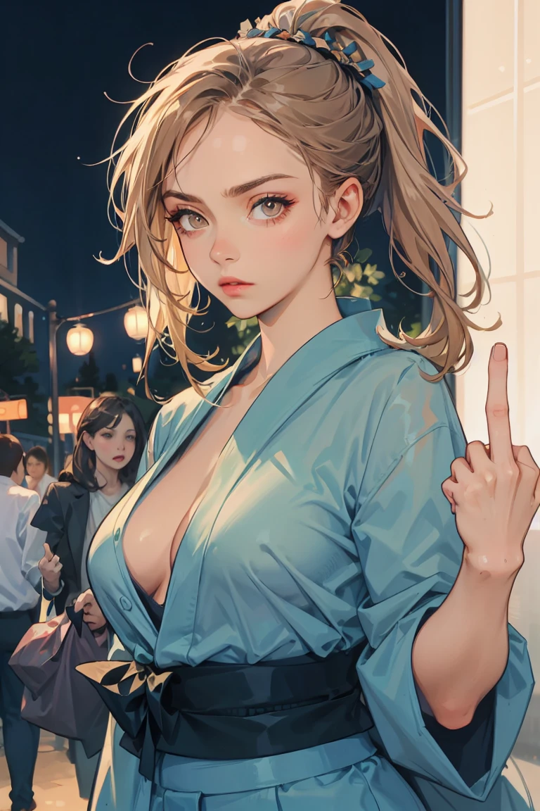 ginger girl wearing a floral kimono, revealing her curves, cleavage, firworks in background, (showing middle finger:1.0), middle finger, big breasts, new years eve on a pier at night,