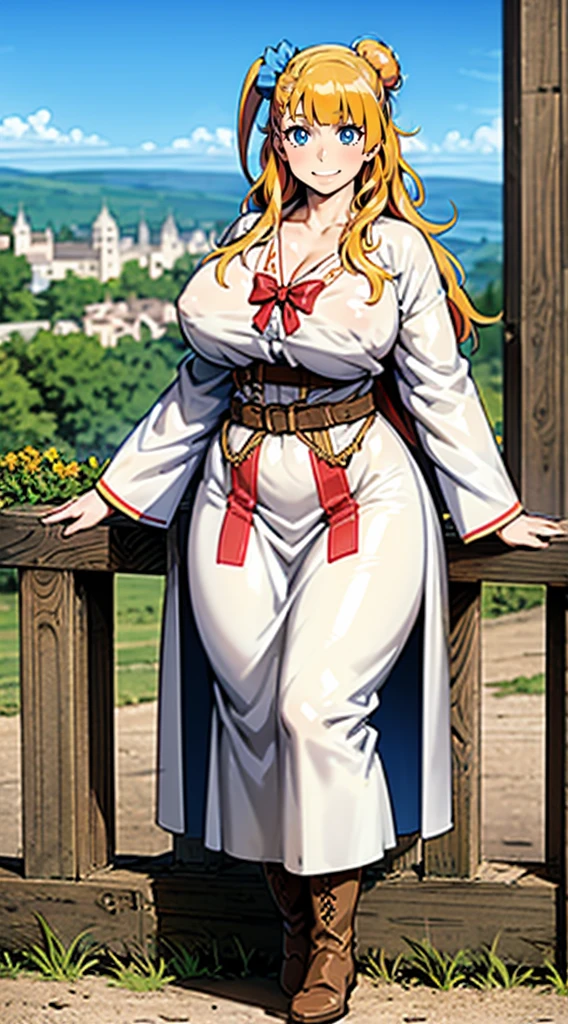 galko,1girl, solo, smile, full body, standing, long skirt, priestess, religious, holy, cute, blush, ,tall female, medieval clothing, white veil, tunic, long skirt,boots, huge brest, curvy,sexy, sensual, volouptouse, thicc, refsheet