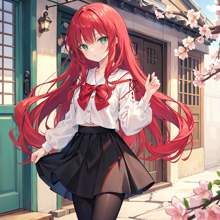 Red long-haired、green-eyed、beuaty girl，byself、Light-colored top、short  skirt、standing on your feet、doors、blossoms、black colored leggings
