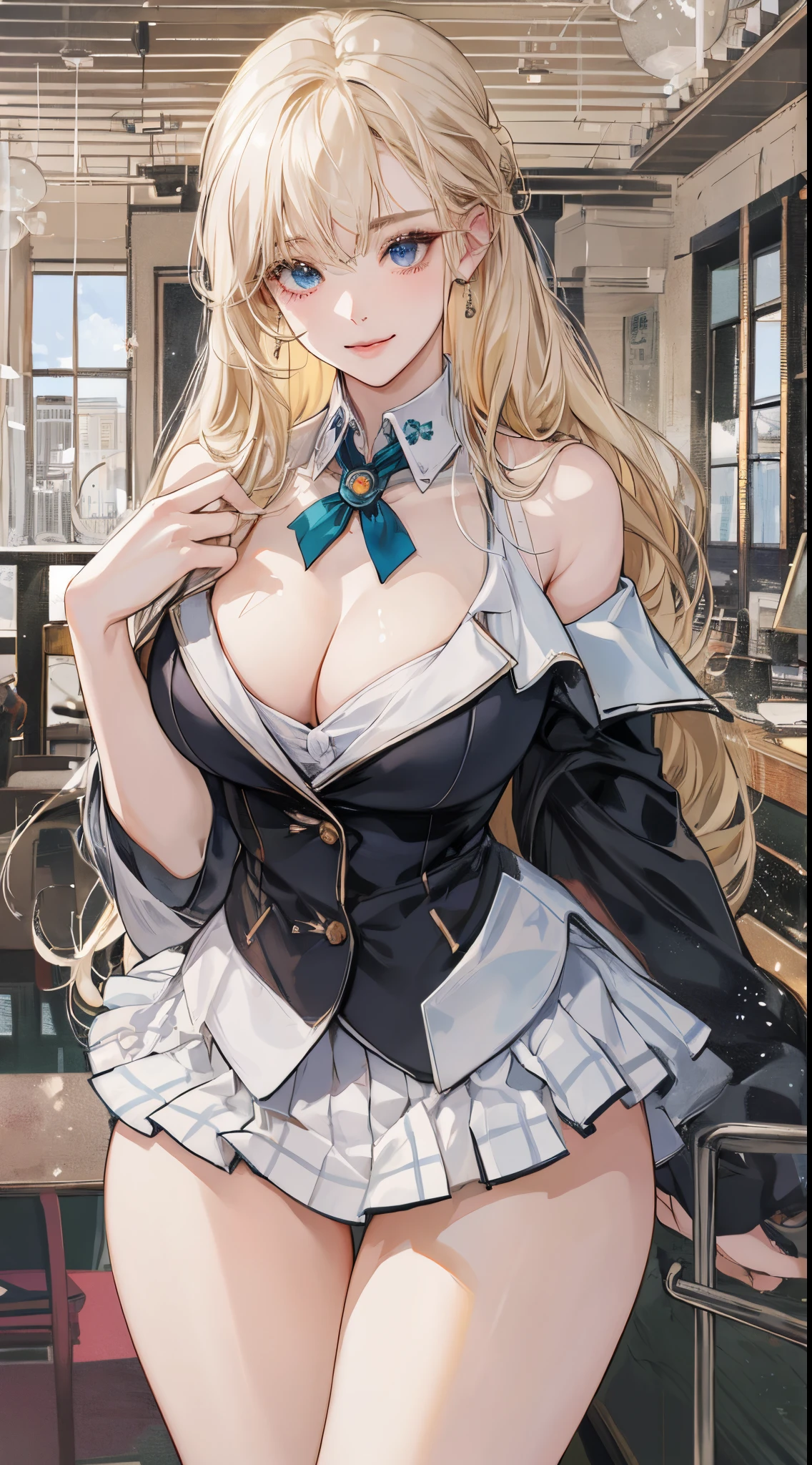 top-quality、realistic touch,high-detail、photoRealstic、、Long body、skirts that are too short、big eye、Her big breasts are so swollen that they threaten to tear her clothes...........、Strong platinum blonde eyelashes、platinum-blonde、Beautie、A sexy、full body Esbian、Sparkling eyes、Submissive smile、Flushed cheeks、Kamimei、thin-waist、Sleeveless、Voluptuous thighs、Enraptured look、High school student in blazer