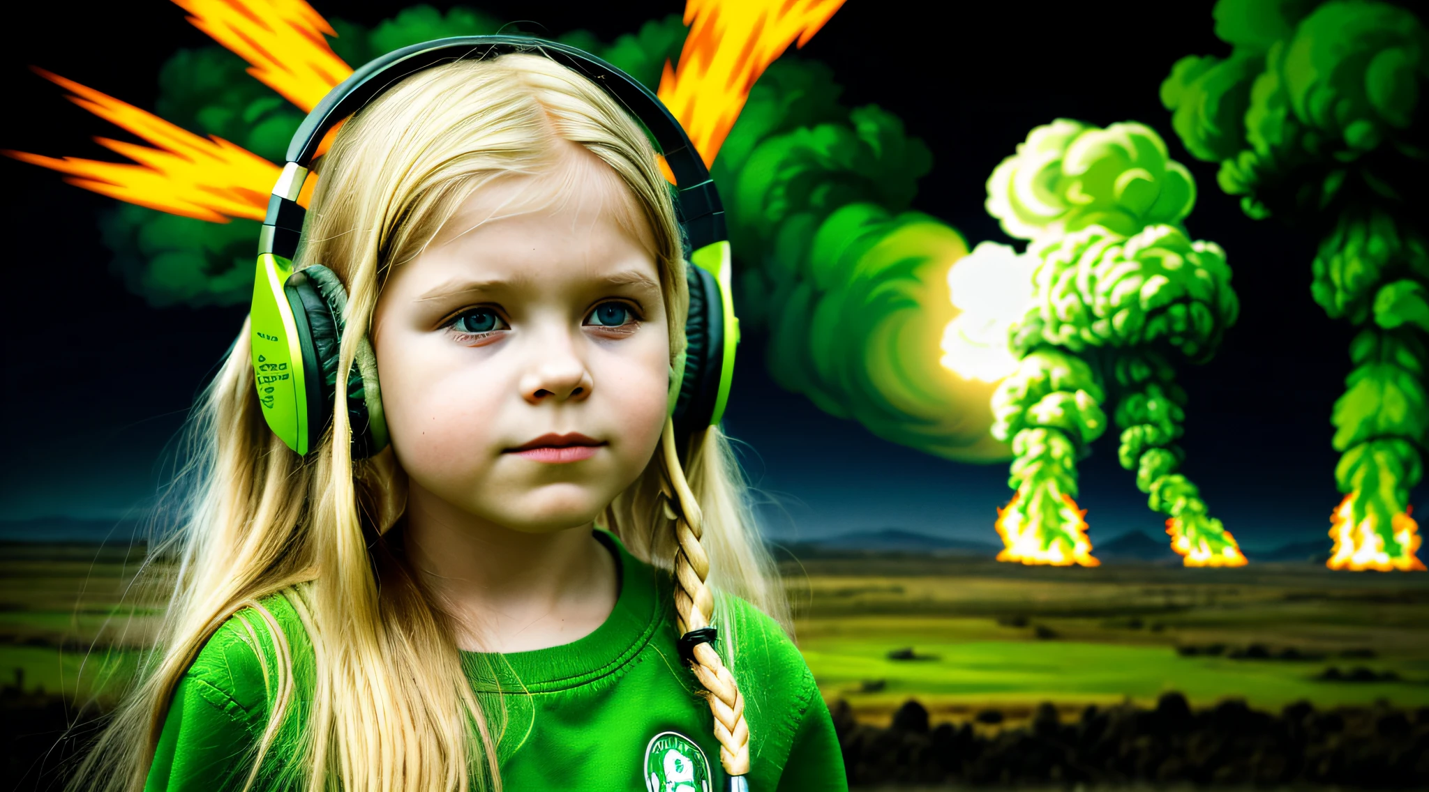 image of a CHILD girl BLONDE long hair with headphones and GREEN , nuclear explosion, fire, fogo, GREEN, VERDE. nuclear box.