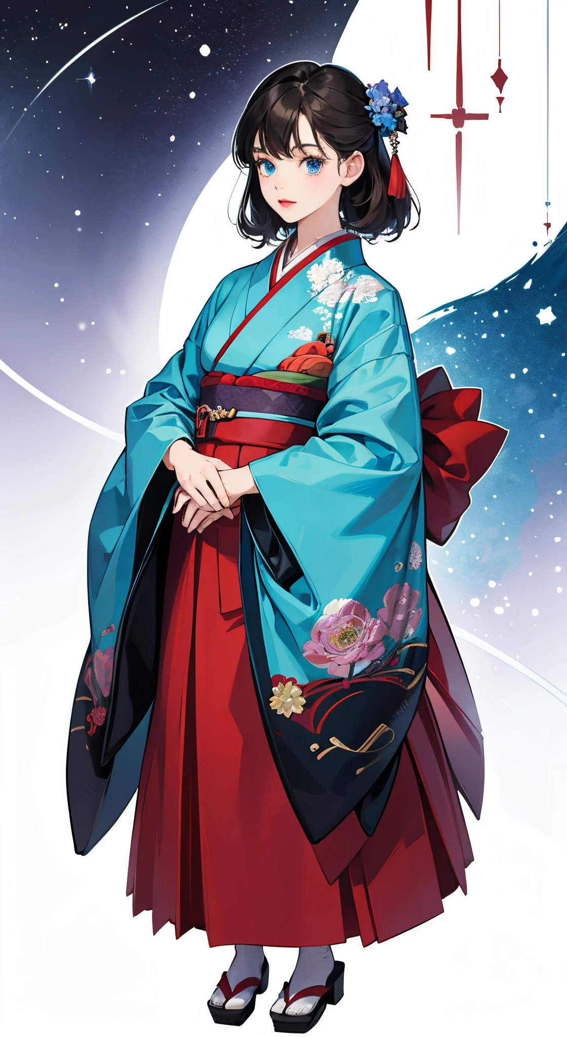 （（Full body portrait））（（illustratio：1.3））、Hand-drawn illustration taste、A detailed eye,the eyes are blue、are delicately depicted、A 14-year-old girl wearing a cute long-sleeved kimono、Dark hair、red lipsticks、Blue eyes、
