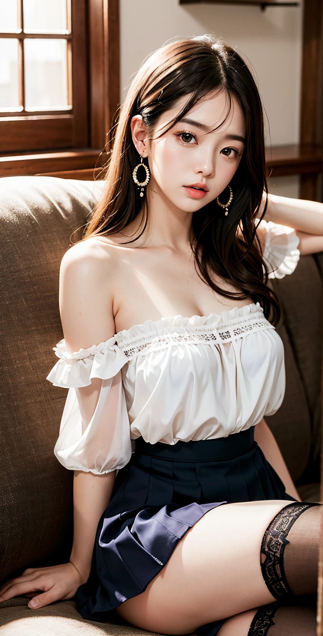 ulzzang -6500-v1.1, (Raw photo:1.2), (Photorealsitic), a beautiful detailed girl, (Real: 1.4), extremely detailed eye and face, beatiful detailed eyes, huge filesize, hight resolution, ighly detailed, top-quality, [​masterpiece:1.6], illustratio, ighly detailed, nffsw, finely detail, top-quality, 8k wallpaper, Cinematographic lighting, 1girl in, 17 age, perfect body type, Cute drooping eyes、Beautiful big eyes、【sexual excitement:1.6】、(Sit on the couch and cross your legs:1.2)、Light in the eyes、(Strapless blouse、Blouses and skirts、Ultra-realistic stockings:1.3)、In the rainy city、dynamicposes