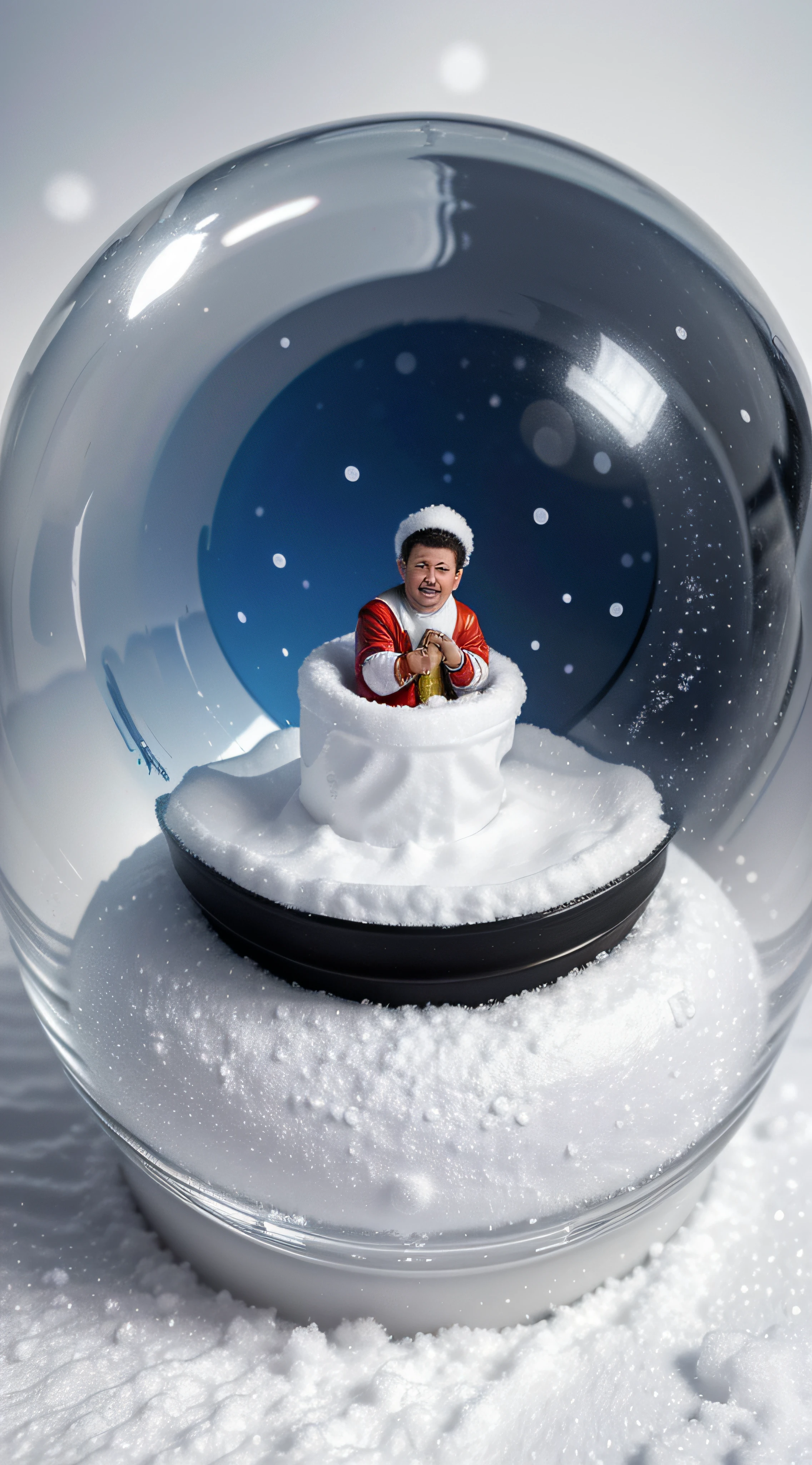 (snow globe:1.1,snowy background:0.9) small adult man singing inside of (snow globe:1.1), (blurred,soft-focus) background. (Best quality,highres:1.2)(physically-based rendering) (ultra-detailed,fine painting), with (vivid colors),(bokeh) effect.