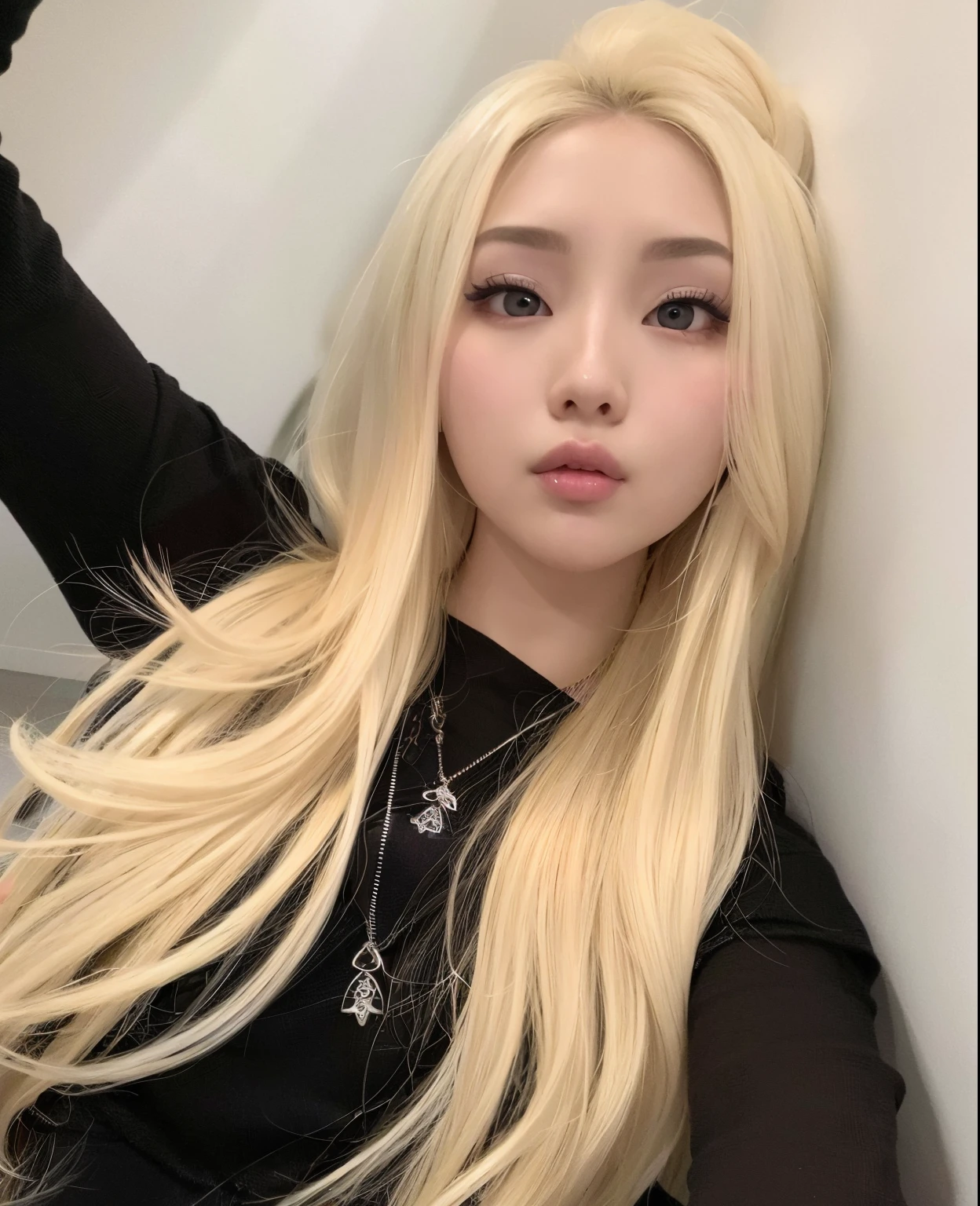 Mujer rubia con cabello largo y camisa negra posando para una foto, portrait of jossi de blackpink, parque roseanne de blackpink, jossi de blackpink, muchacha coreana, ulzzang, con pelo largo y rubio, Lalisa Manoban de Blackpink, very very pale blonde hair, cruel korean gothic girl, peinado de corte hime blanco, heonhwa choe