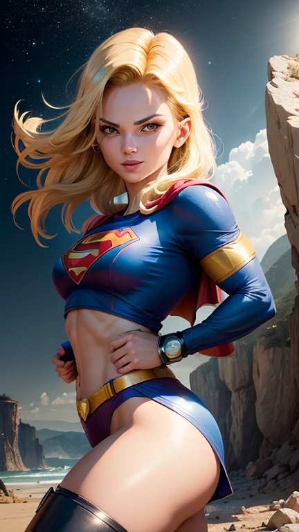 Android 18 como supergirl, ((whole body view)), (SUPERGIRL is in outer space), (Lifting a large asteroid with your hands), (Complete DC Comics Superheroine), fora, highlights your muscles and scars. The scenery is lush and mysterious, com galaxias ao seu redor. The camera details everything. ((ela tem cabelo loiro, ela tem cabelo comprido)), (Ela tem um sorriso confiante, Pose heroica), ( His attitude is fearless), ( Ela tem uma personalidade arrogante). She's super sexy )