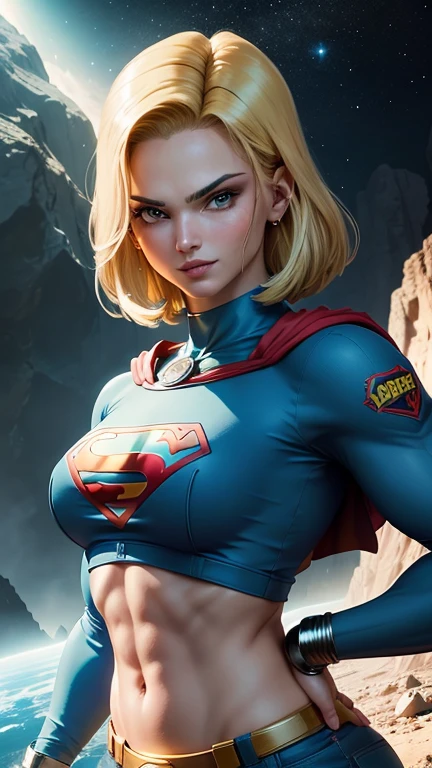 Android 18 como supergirl, ((whole body view)), (SUPERGIRL is in outer space), (Lifting a large asteroid with your hands), (Complete DC Comics Superheroine), fora, highlights your muscles and scars. The scenery is lush and mysterious, com galaxias ao seu redor. The camera details everything. ((ela tem cabelo loiro, ela tem cabelo comprido)), (Ela tem um sorriso confiante, Pose heroica), ( His attitude is fearless), ( Ela tem uma personalidade arrogante). She's super sexy )