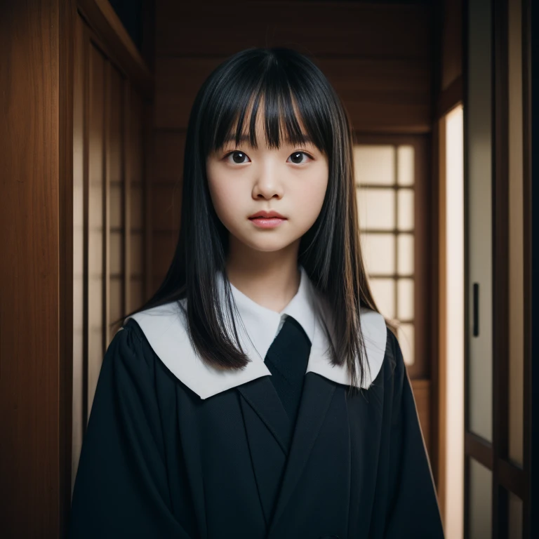 Cute girl in graduation uniform,japanes,extremely detailed eye and face, Sharp pupils,Man and 12 year old girl hind a girl in a gap in a dark narrow house with no light。In ultra-high resolution,Cute smile, Cinematic lighting,tranquil atmosphere、Beautiful fine details,extremely detailed eye and face、Ultra-wide-angle shooting、Girl with expressionless and puzzled face